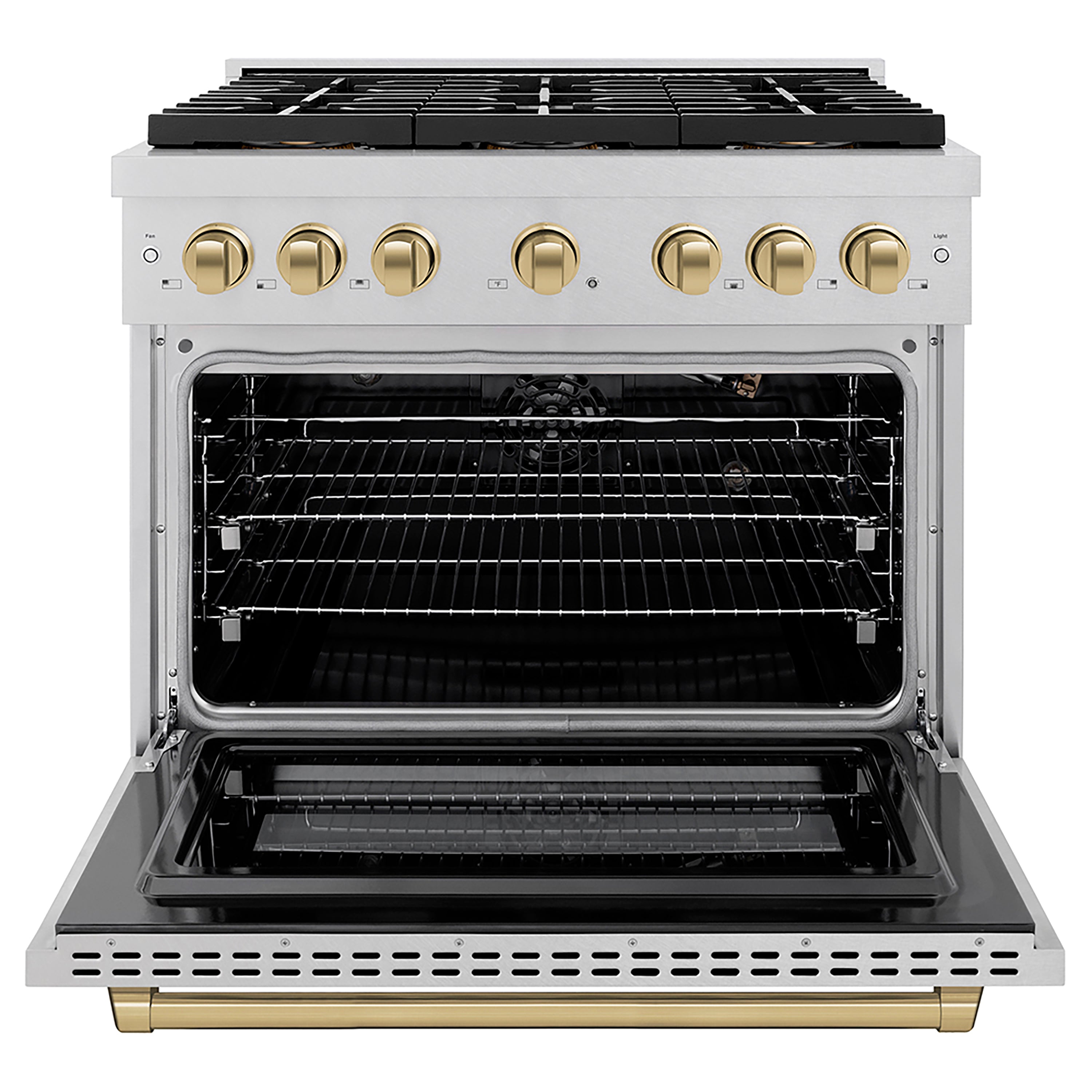 ZLINE 36 in. Gas Range 5.2 cu. ft. Convection Oven 6 Burner DuoPro™ Cooktop Satin Stainless Steel Champagne Bronze Accents (PSGRSZ-36-CB)