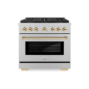 ZLINE 36 in. Gas Range 5.2 cu. ft. 6 Burner DuoPro™ Cooktop Convection Gas Oven Satin Stainless Steel with Polished Gold Accents (PSGRSZ-36-G)