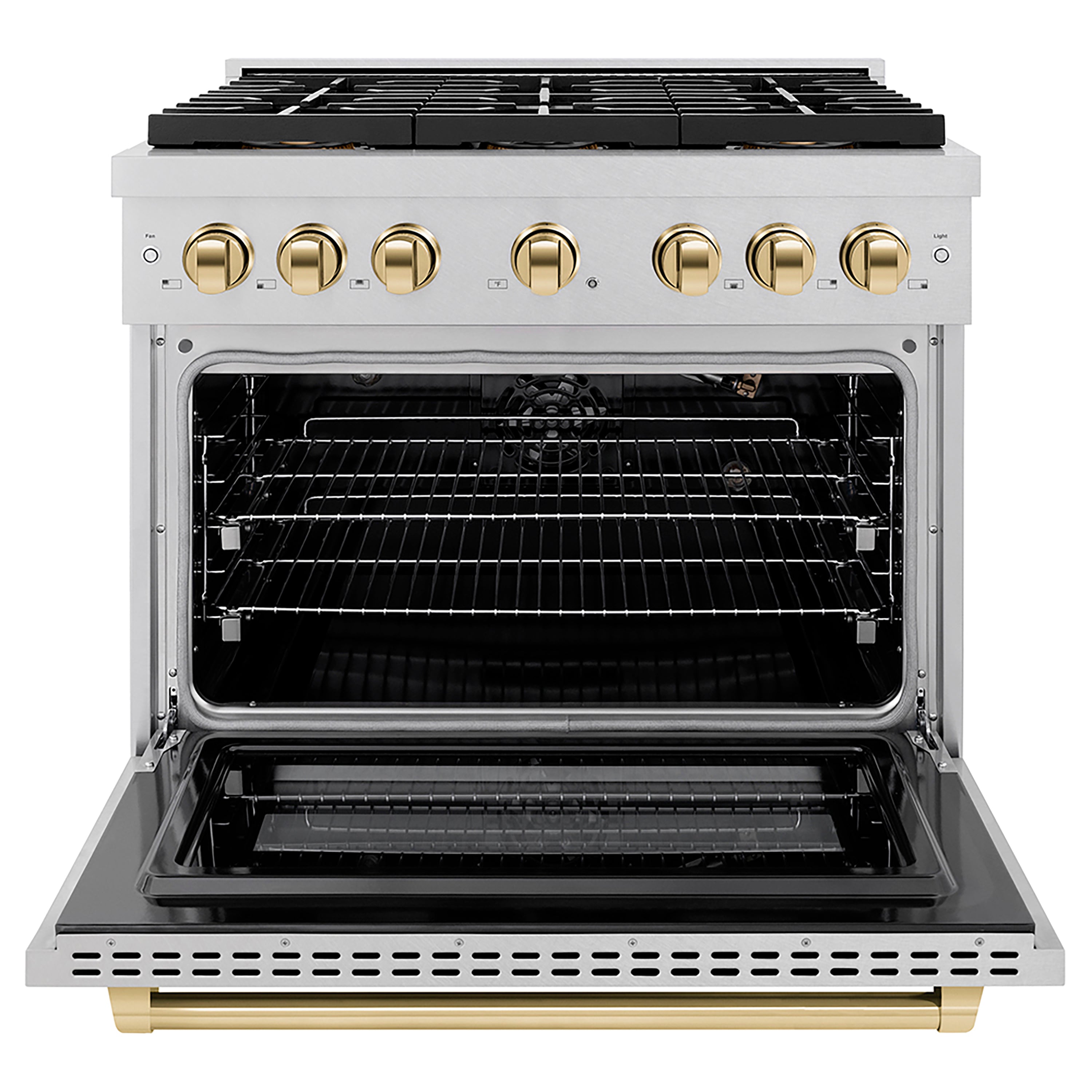 ZLINE 36 in. Gas Range 5.2 cu. ft. 6 Burner DuoPro™ Cooktop Convection Gas Oven Satin Stainless Steel with Polished Gold Accents (PSGRSZ-36-G)
