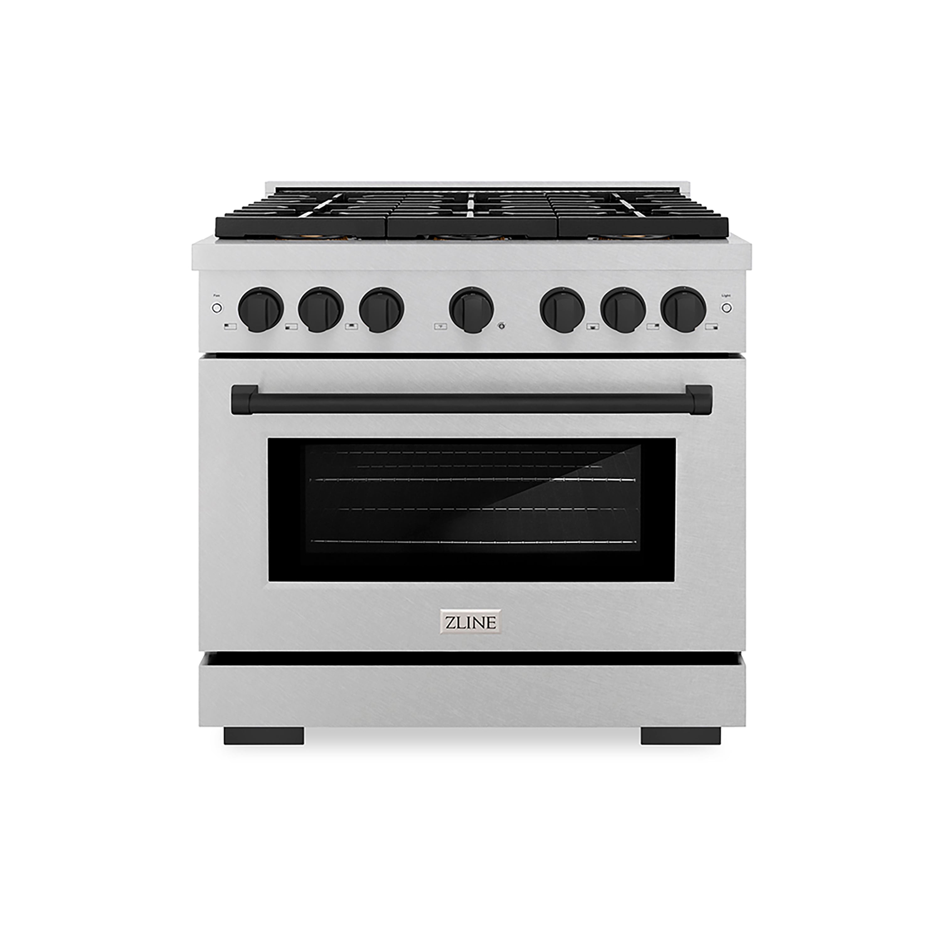 ZLINE 36 in. Gas Range 5.2 cu. ft. 6 Burner DuoPro™ Cooktop Convection Oven Satin Stainless Steel Matte Black Accents (PSGRSZ-36-MB)