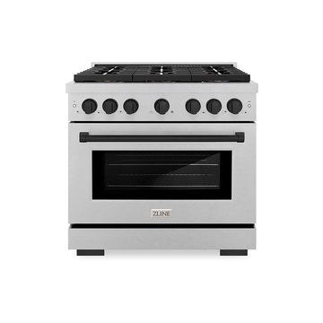 ZLINE 36 in. Gas Range 5.2 cu. ft. 6 Burner DuoPro™ Cooktop Convection Oven Satin Stainless Steel Matte Black Accents (PSGRSZ-36-MB)
