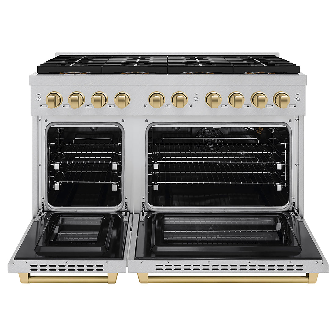 ZLINE 48 in. Gas Range 6.7 cu. ft. Dual Oven 8 Burner DuoPro™ Cooktop Satin Stainless Steel with Champagne Bronze Accents (PSGRSZ-48-CB)