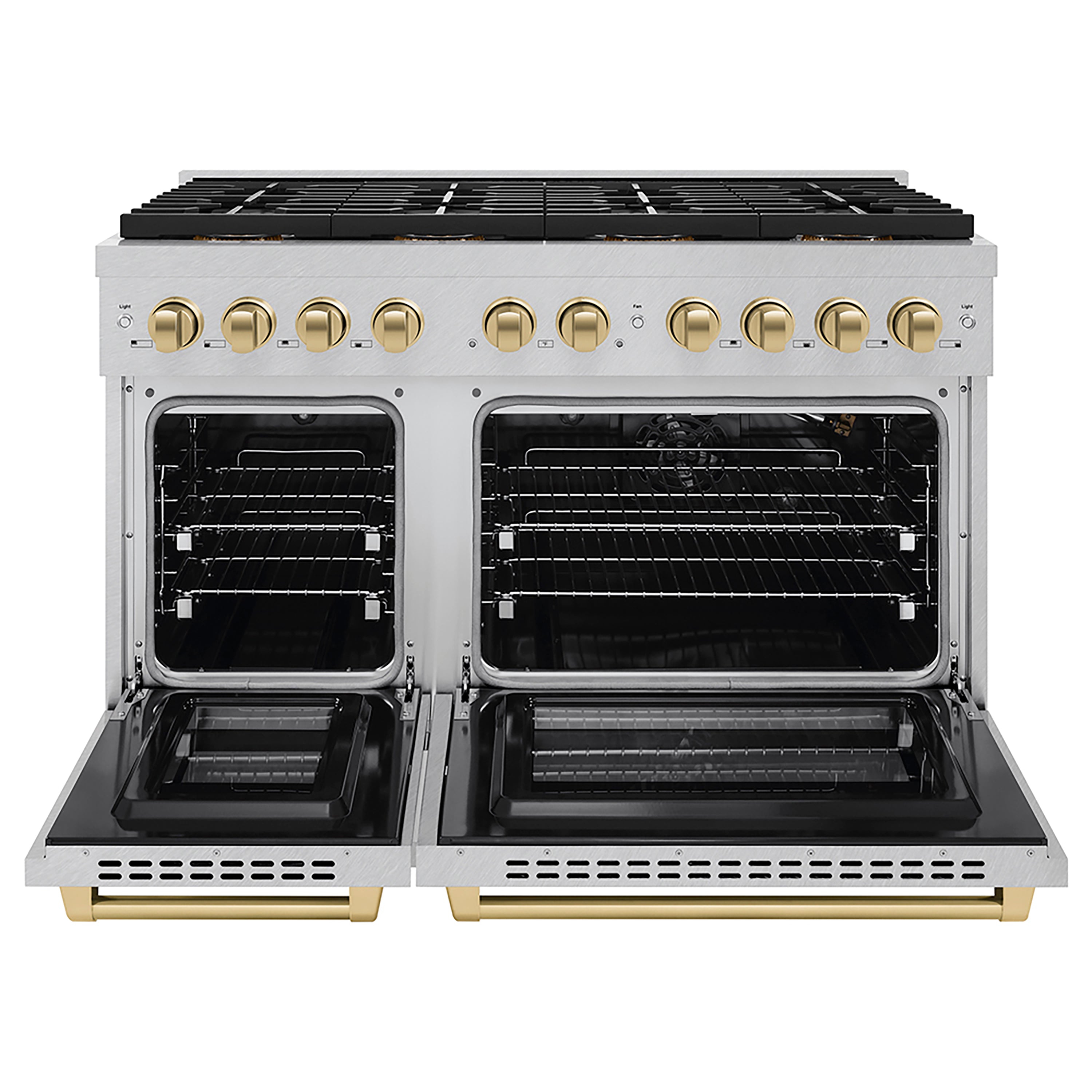 ZLINE 48 in. Gas Range 6.7 cu. ft. Dual Oven 8 Burner DuoPro™ Cooktop Satin Stainless Steel with Champagne Bronze Accents (PSGRSZ-48-CB)