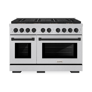 ZLINE 48 in. Gas Range 6.7 cu. ft. Paramount Series with 8 Burner DuoPro™ Cooktop, Dual Ovens, Satin Stainless Steel with Matte Black Accents (PSGRSZ-48-MB)