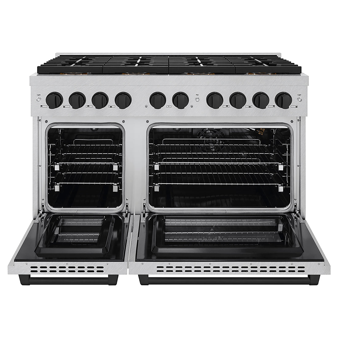ZLINE 48 in. Gas Range 6.7 cu. ft. Paramount Series with 8 Burner DuoPro™ Cooktop, Dual Ovens, Satin Stainless Steel with Matte Black Accents (PSGRSZ-48-MB)