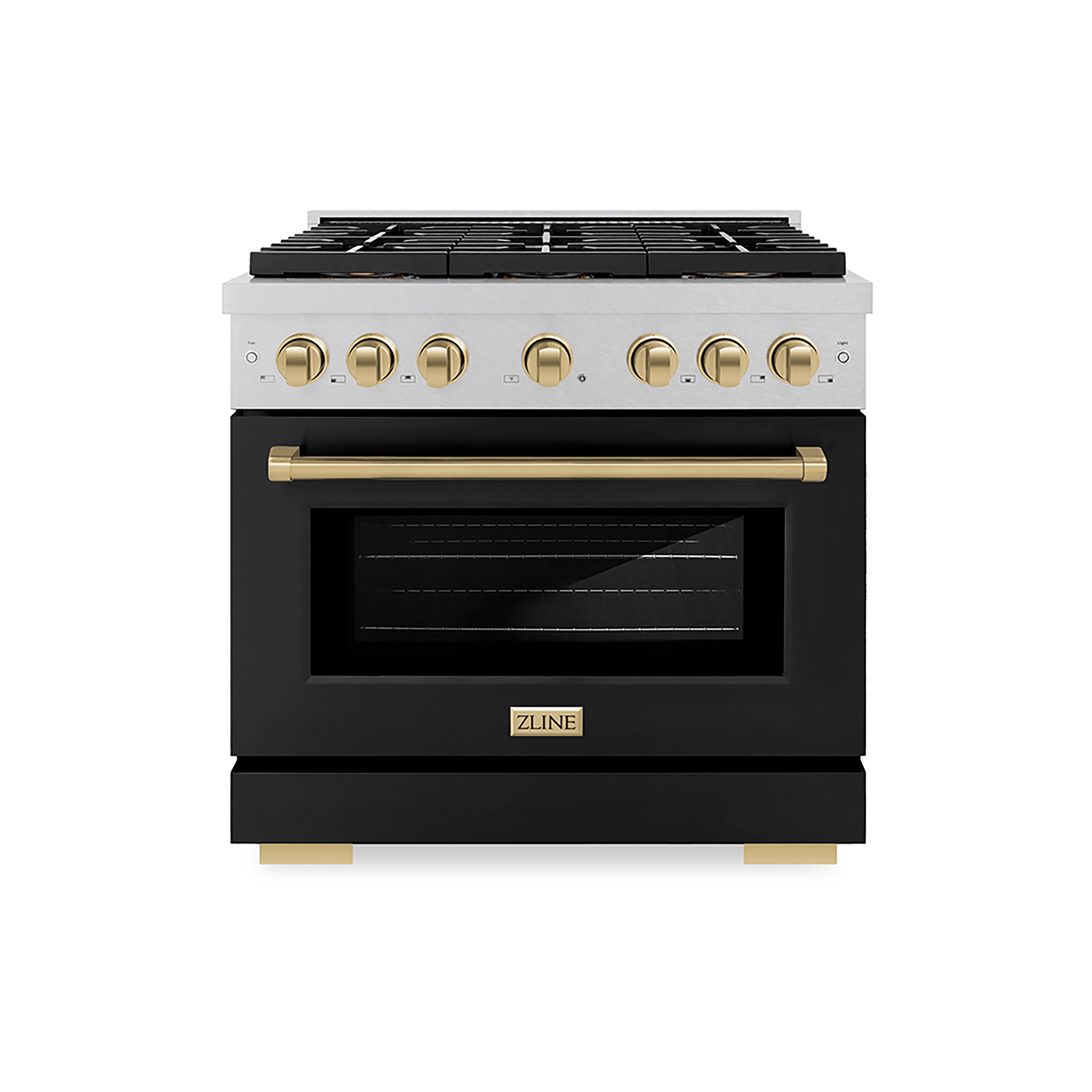 ZLINE 36 in. Gas Range 5.2 cu. ft. 6 Burner DuoPro™ Cooktop Convection Gas Oven Satin Stainless Steel with Black Matte Door & Champagne Bronze Accents (PSGRSZ-BLM36-CB)