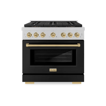 ZLINE 36 in. Gas Range 5.2 cu. ft. 6 Burner DuoPro™ Cooktop Convection Gas Oven Satin Stainless Steel with Black Matte Door & Champagne Bronze Accents (PSGRSZ-BLM36-CB)