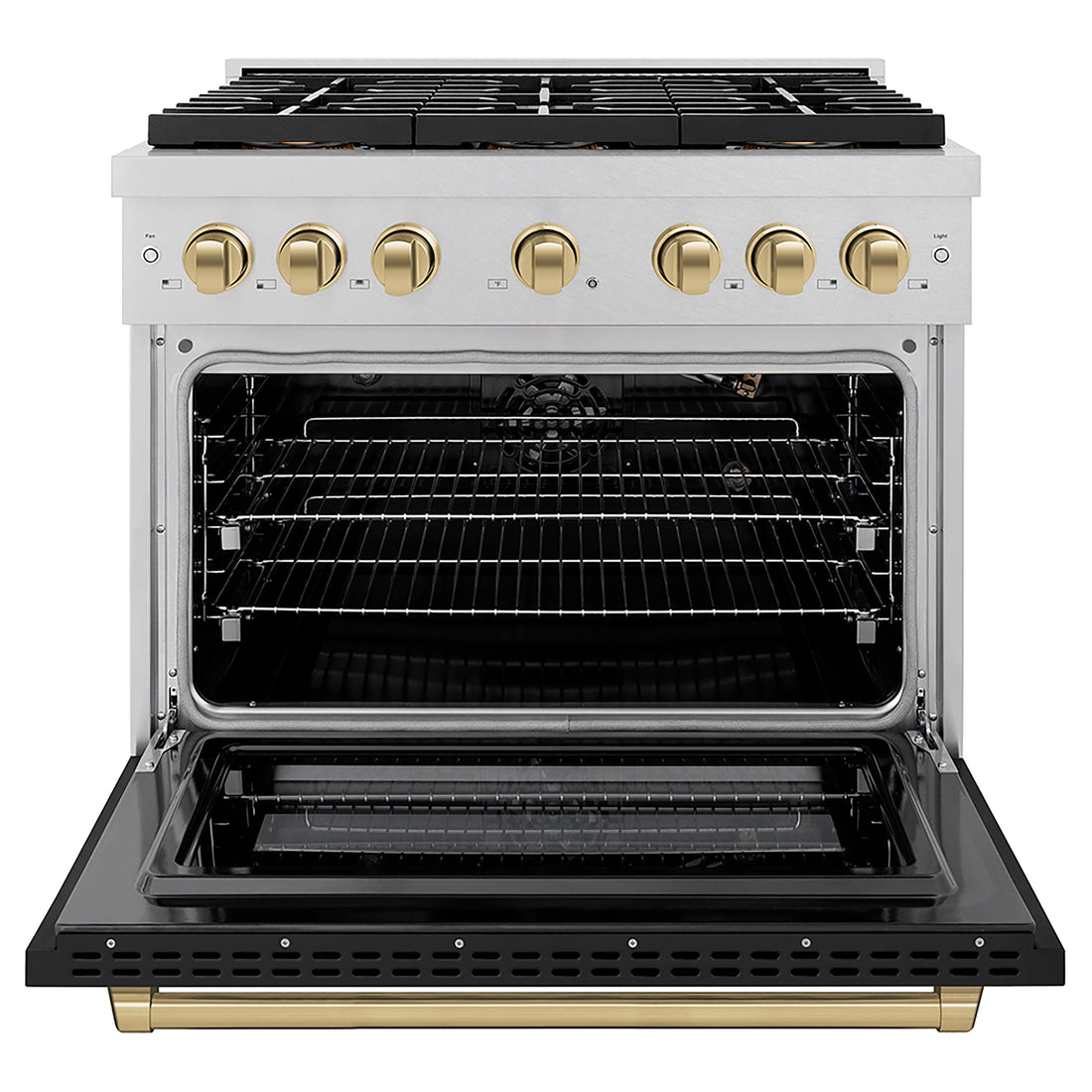 ZLINE 36 in. Gas Range 5.2 cu. ft. 6 Burner DuoPro™ Cooktop Convection Gas Oven Satin Stainless Steel with Black Matte Door & Champagne Bronze Accents (PSGRSZ-BLM36-CB)