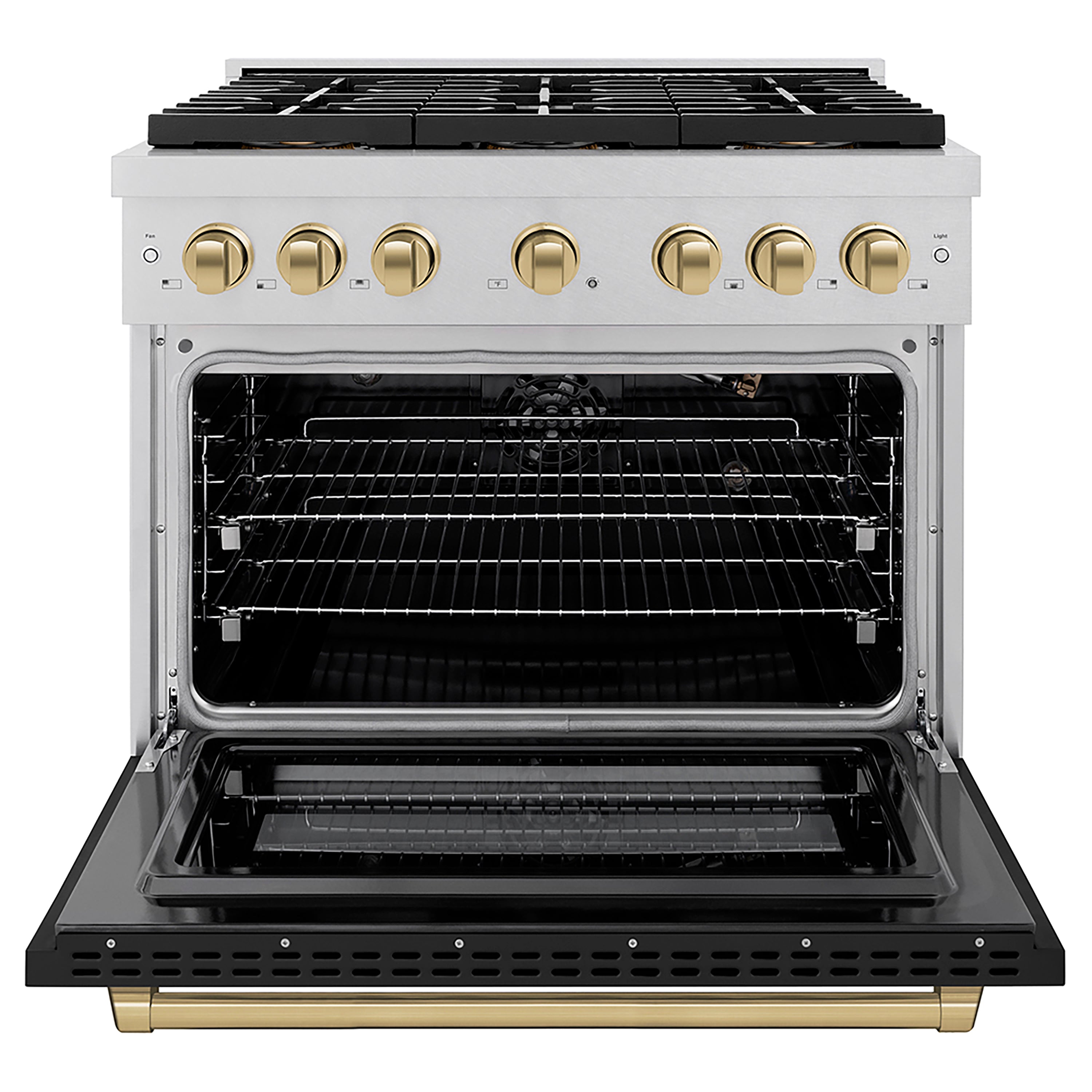 ZLINE 36 in. Gas Range 5.2 cu. ft. 6 Burner DuoPro™ Cooktop Convection Gas Oven Satin Stainless Steel with Black Matte Door & Champagne Bronze Accents (PSGRSZ-BLM36-CB)