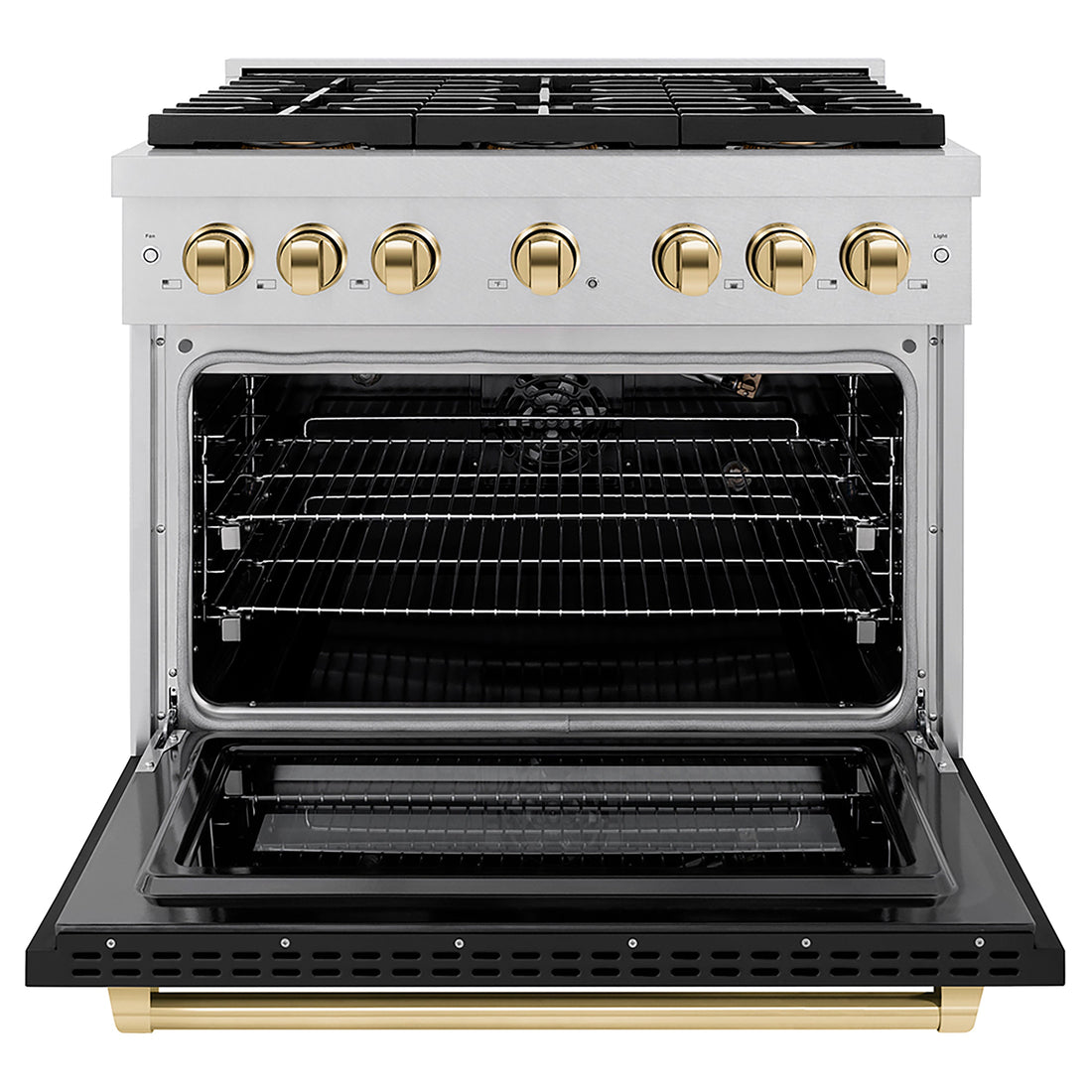 ZLINE 36 in. Gas Range 5.2 cu. ft. 6 Burner DuoPro™ Cooktop Convection Oven Satin Stainless Steel Black Matte Door Polished Gold Accents (PSGRSZ-BLM36-G)