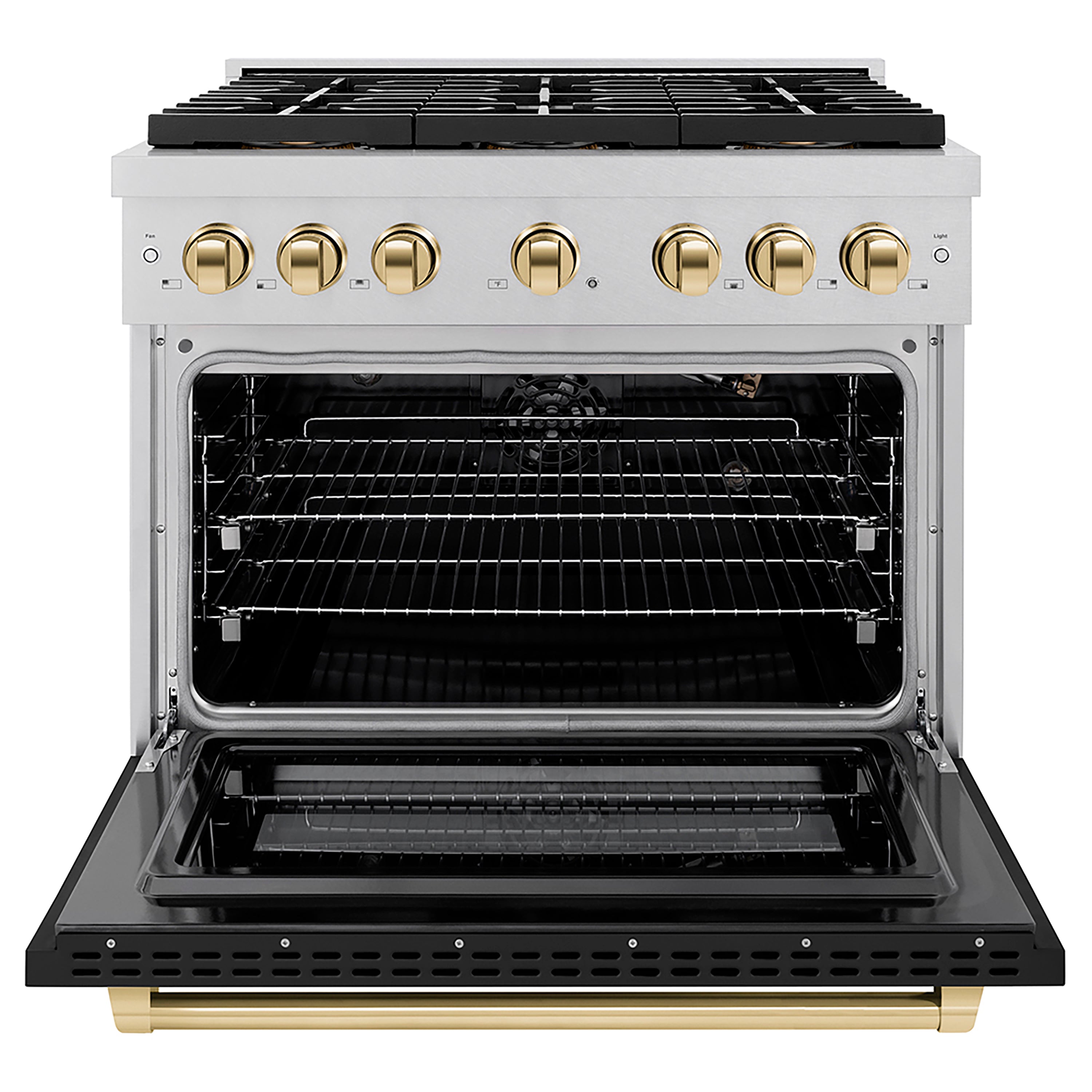 ZLINE 36 in. Gas Range 5.2 cu. ft. 6 Burner DuoPro™ Cooktop Convection Oven Satin Stainless Steel Black Matte Door Polished Gold Accents (PSGRSZ-BLM36-G)