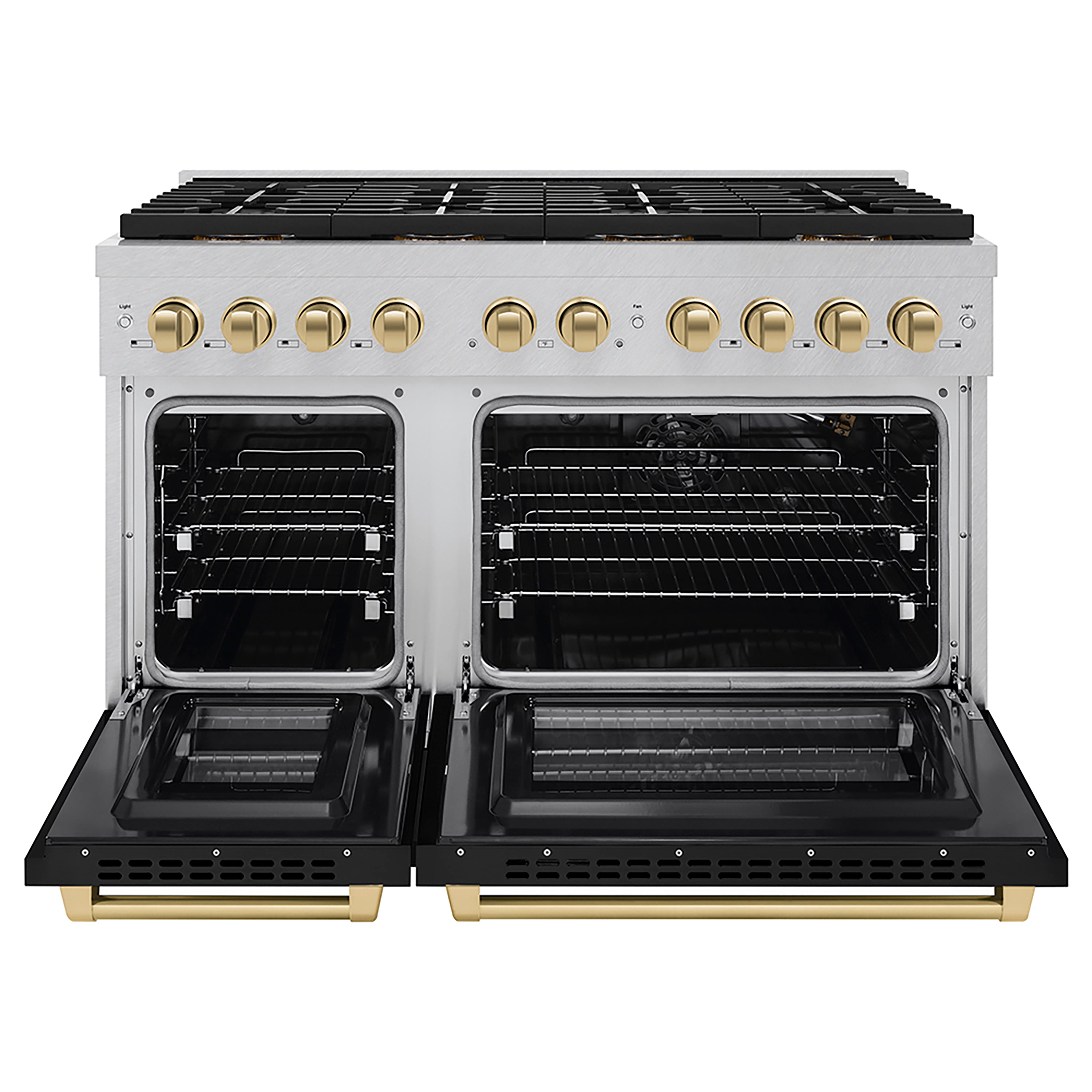ZLINE 48 in. Dual Fuel Range 6.7 cu. ft. 8 Burner DuoPro™ Cooktop Dual Ovens Satin Stainless Steel with Black Matte Doors Champagne Bronze Accents (PSDRSZ-BLM48-CB)