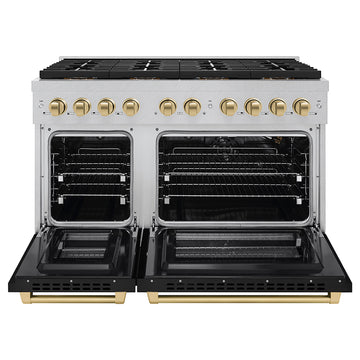 ZLINE 48 in. Dual Fuel Range 6.7 cu. ft. 8 Burner DuoPro™ Cooktop Dual Ovens Satin Stainless Steel with Black Matte Doors Champagne Bronze Accents (PSDRSZ-BLM48-CB)