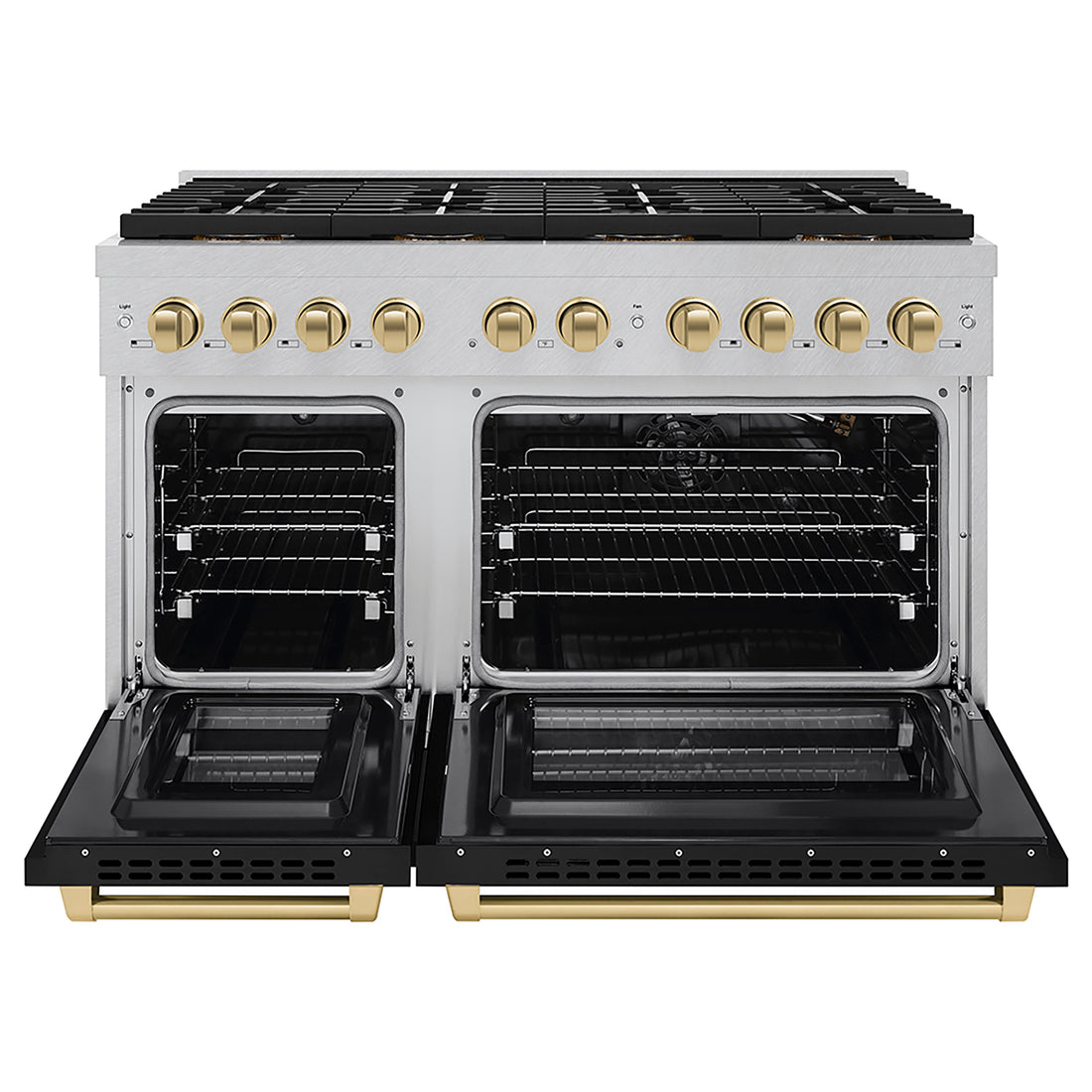 ZLINE 48 in. Gas Range 6.7 cu. ft. 8 Burner DuoPro™ Cooktop Dual Oven Satin Stainless Steel Black Matte Doors Champagne Bronze Accents (PSGRSZ-BLM48-CB)