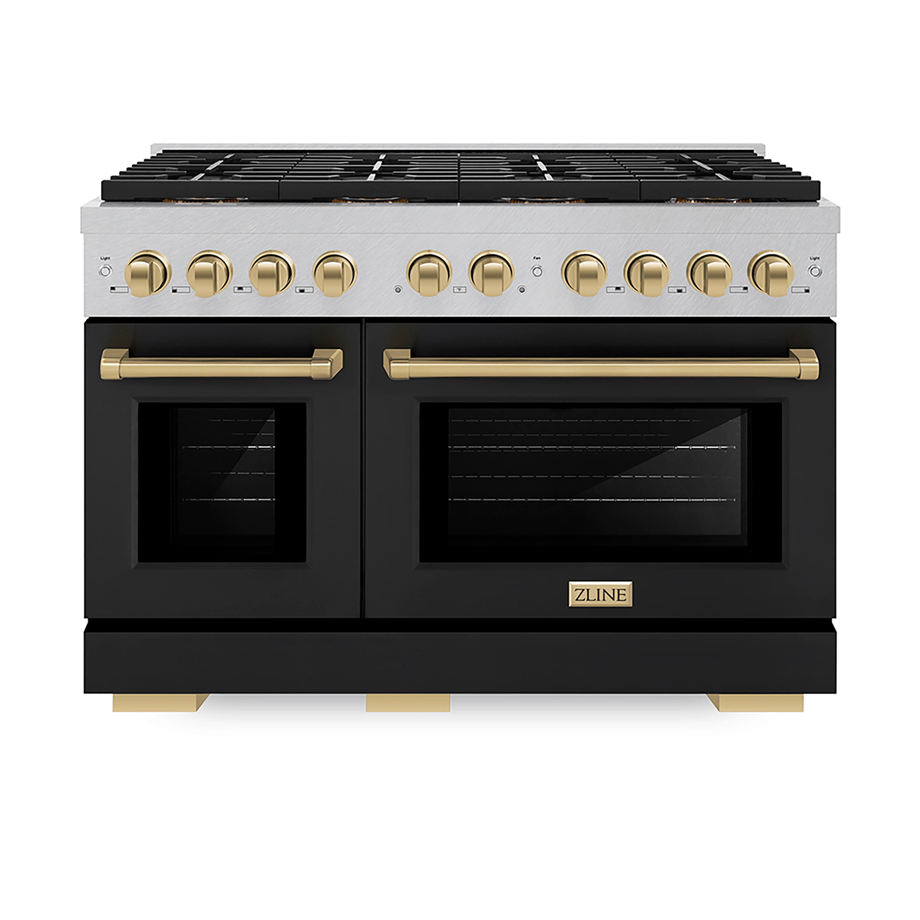 ZLINE 48 in. Gas Range 6.7 cu. ft. 8 Burner DuoPro™ Cooktop Dual Oven Satin Stainless Steel Black Matte Doors Champagne Bronze Accents (PSGRSZ-BLM48-CB)