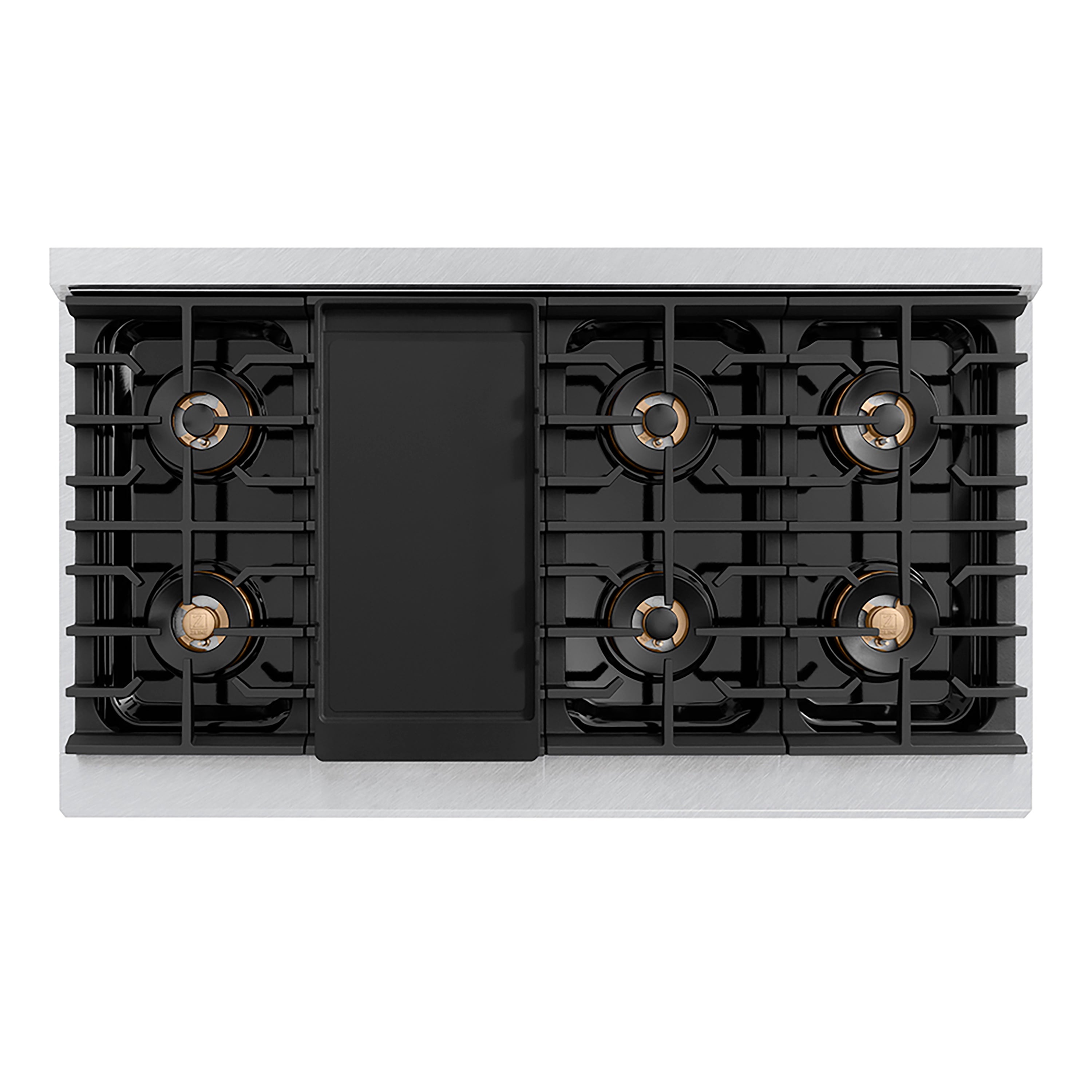 ZLINE 48 in. Dual Fuel Range 6.7 cu. ft. 8 Burner DuoPro™ Cooktop Dual Ovens Satin Stainless Steel with Black Matte Doors Champagne Bronze Accents (PSDRSZ-BLM48-CB)