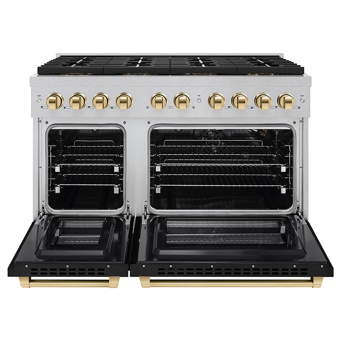 ZLINE 48 in. Gas Range 6.7 cu. ft. 8 Burner DuoPro™ Cooktop Dual Oven Satin Stainless Steel Black Matte Doors Polished Gold Accents (PSGRSZ-BLM48-G)