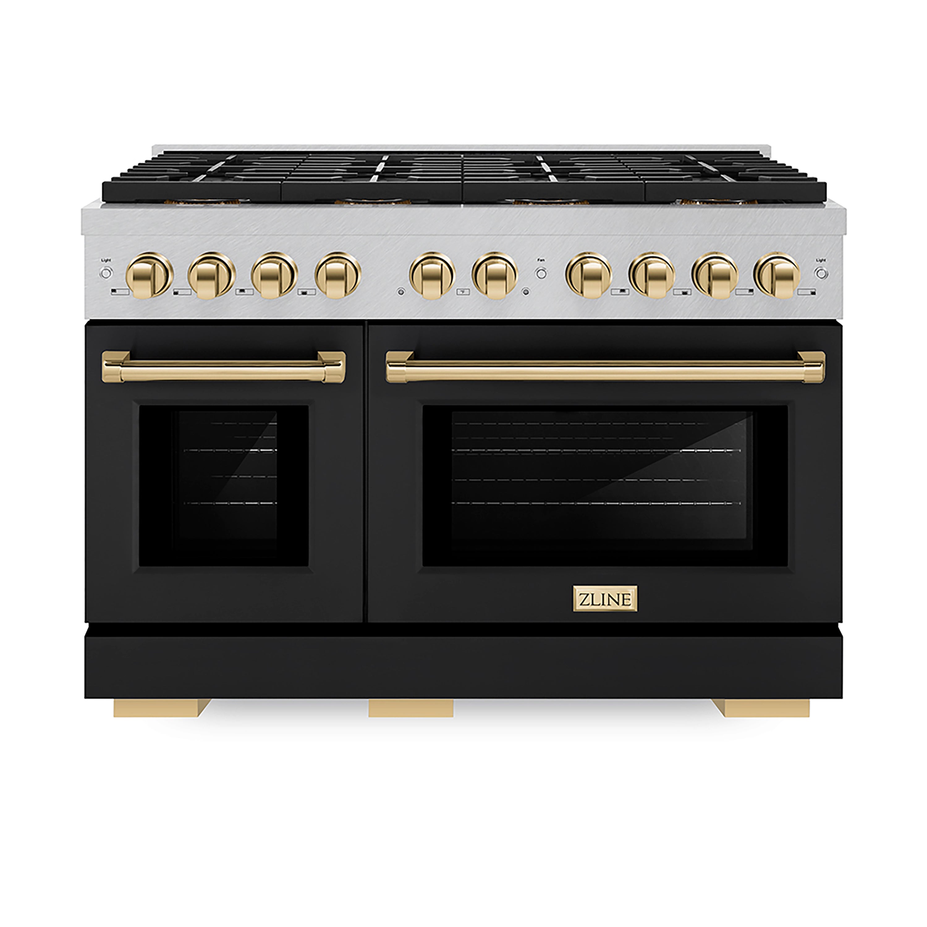 ZLINE 48 in. Gas Range 6.7 cu. ft. 8 Burner DuoPro™ Cooktop Dual Ovens Satin Stainless Steel Polished Gold Accents (PSGRSZ-48-G)