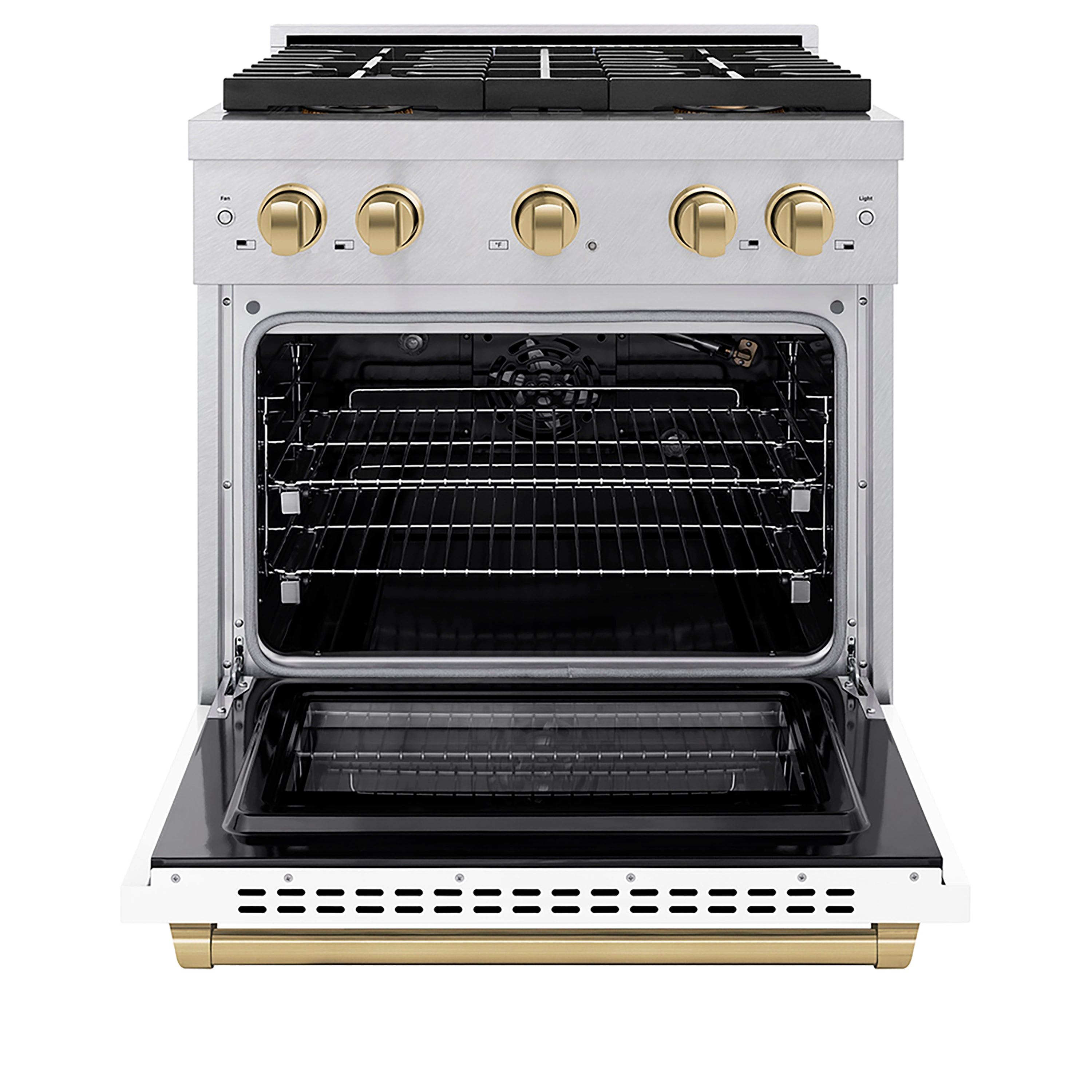 ZLINE 30 in. Gas Range 4.2 cu. ft. Paramount Series, 4 Burner DuoPro™ Cooktop, Convection Gas Oven, Satin Stainless Steel, White Matte Door, Champagne Bronze Accents (PSGRSZ-WM-30-CB)