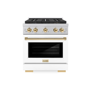 ZLINE 30 in. Gas Range 4.2 cu. ft. Convection Oven, 4 Burner DuoPro™ Cooktop, Satin Stainless Steel, White Matte Door, Polished Gold Accents (PSGRSZ-WM-30-G)