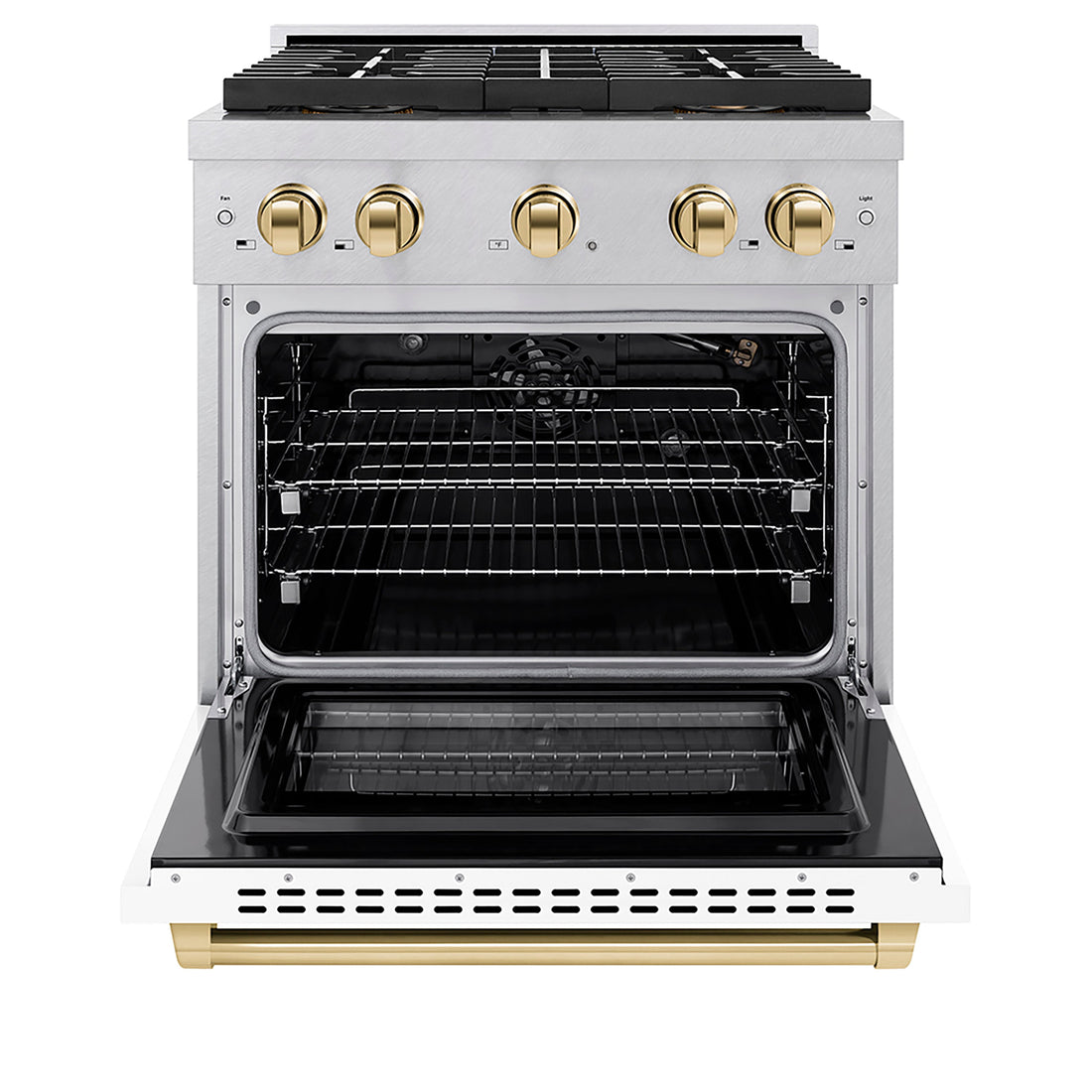 ZLINE 30 in. Gas Range 4.2 cu. ft. Convection Oven, 4 Burner DuoPro™ Cooktop, Satin Stainless Steel, White Matte Door, Polished Gold Accents (PSGRSZ-WM-30-G)