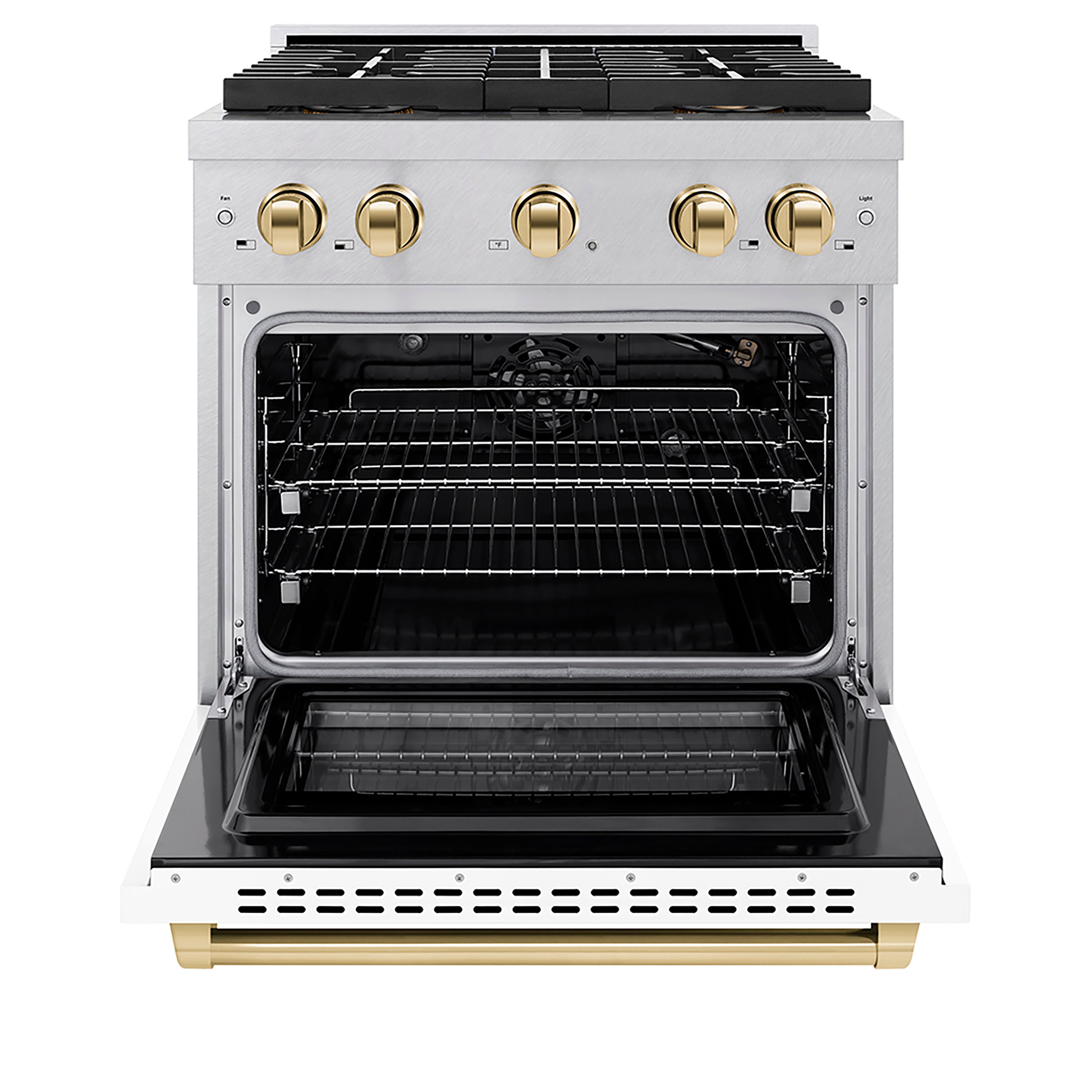 ZLINE 30 in. Gas Range 4.2 cu. ft. Convection Oven, 4 Burner DuoPro™ Cooktop, Satin Stainless Steel, White Matte Door, Polished Gold Accents (PSGRSZ-WM-30-G)