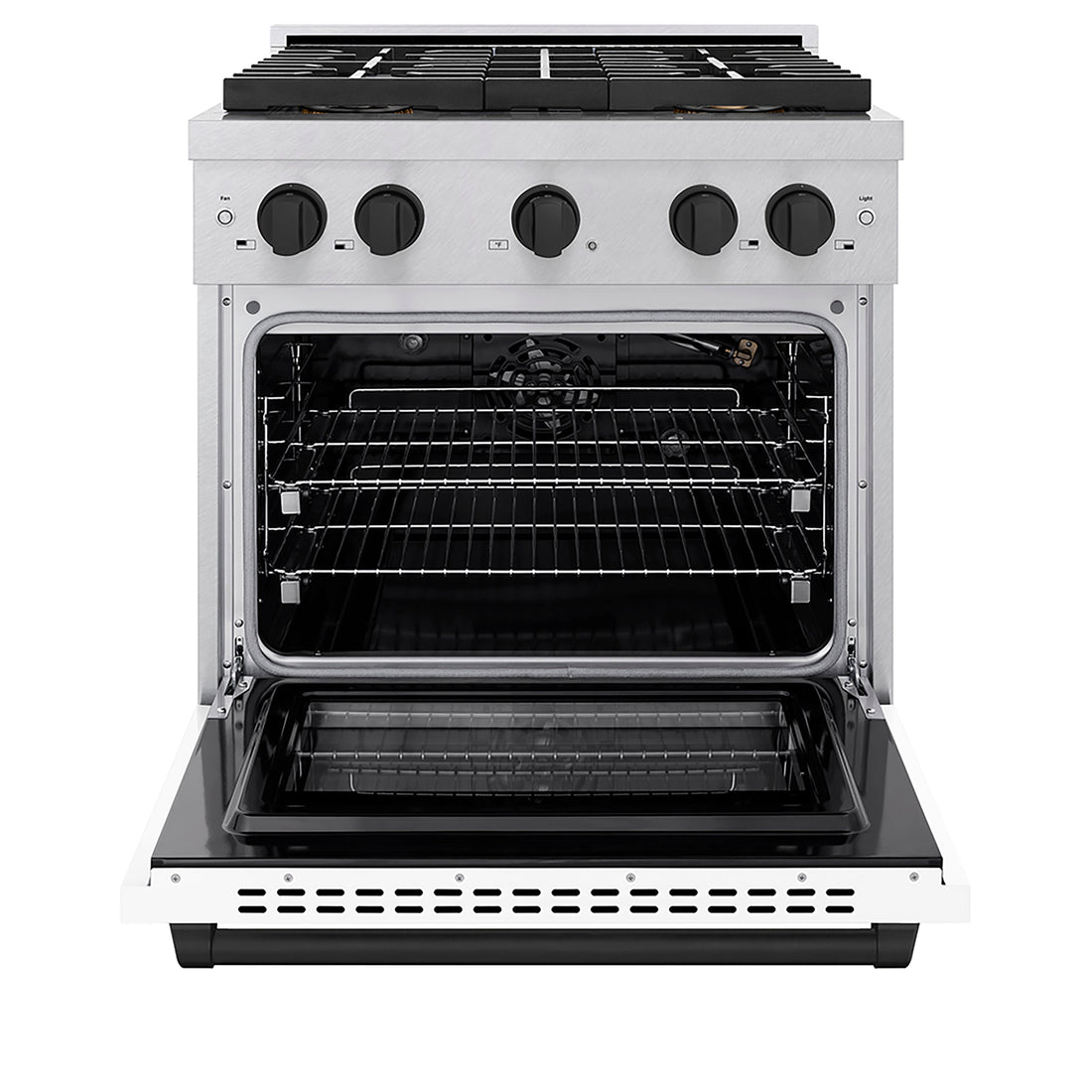 ZLINE 30 in. Gas Range 4.2 cu. ft. 4 Burner DuoPro™ Cooktop Convection Oven Satin Stainless Steel White Matte Door Matte Black Accents (PSGRSZ-WM-30-MB)