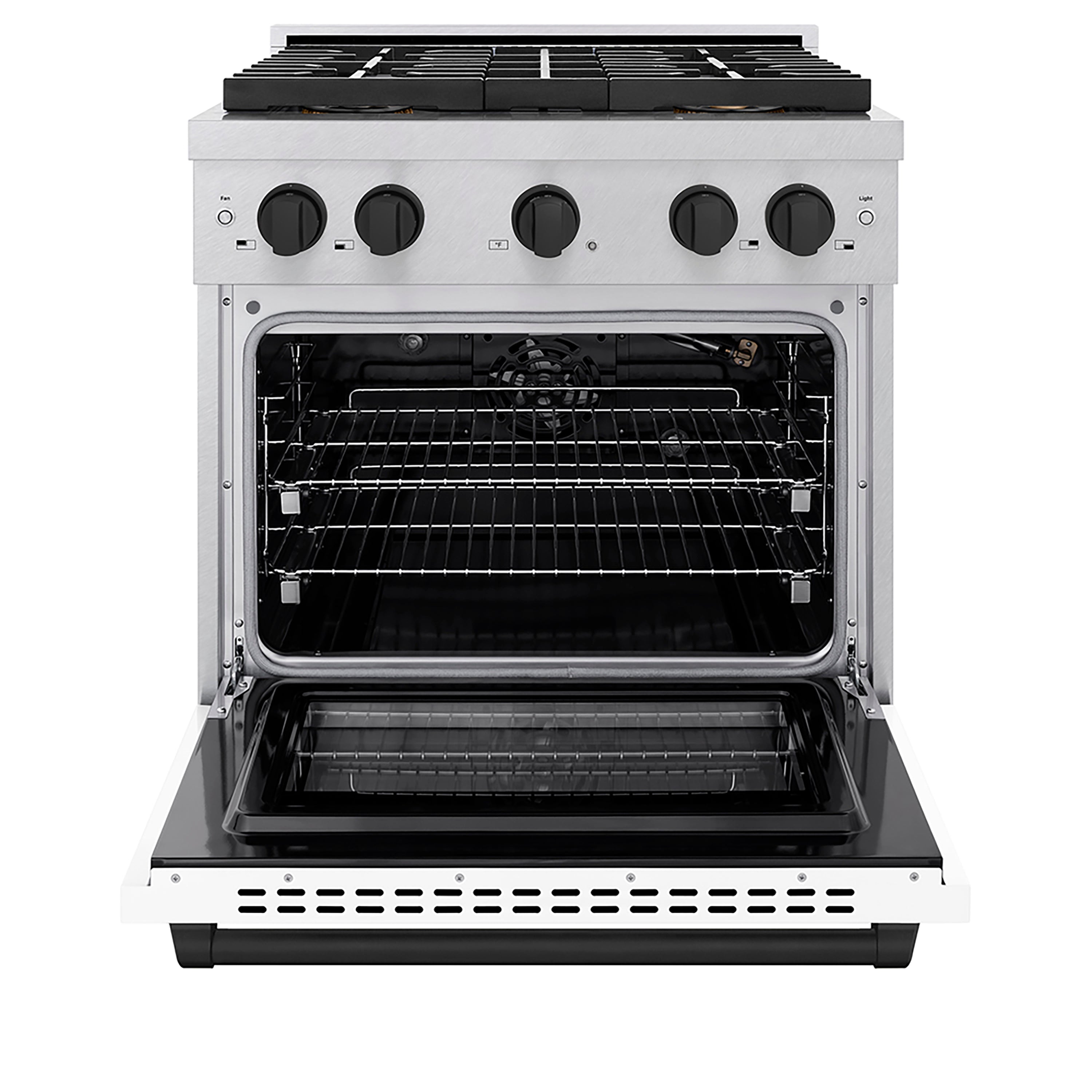 ZLINE 30 in. Gas Range 4.2 cu. ft. 4 Burner DuoPro™ Cooktop Convection Oven Satin Stainless Steel White Matte Door Matte Black Accents (PSGRSZ-WM-30-MB)