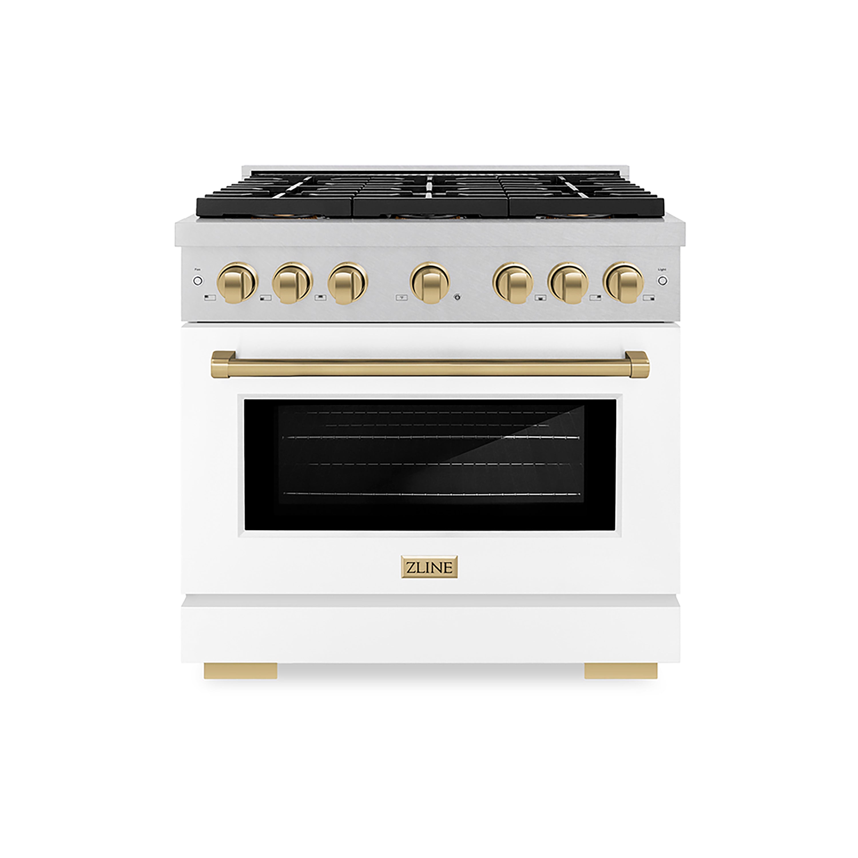 ZLINE 36 in. Gas Range 5.2 cu. ft. 6 Burner DuoPro™ Cooktop Convection Gas Oven Satin Stainless Steel White Matte Door Champagne Bronze Accents (PSGRSZ-WM-36-CB)