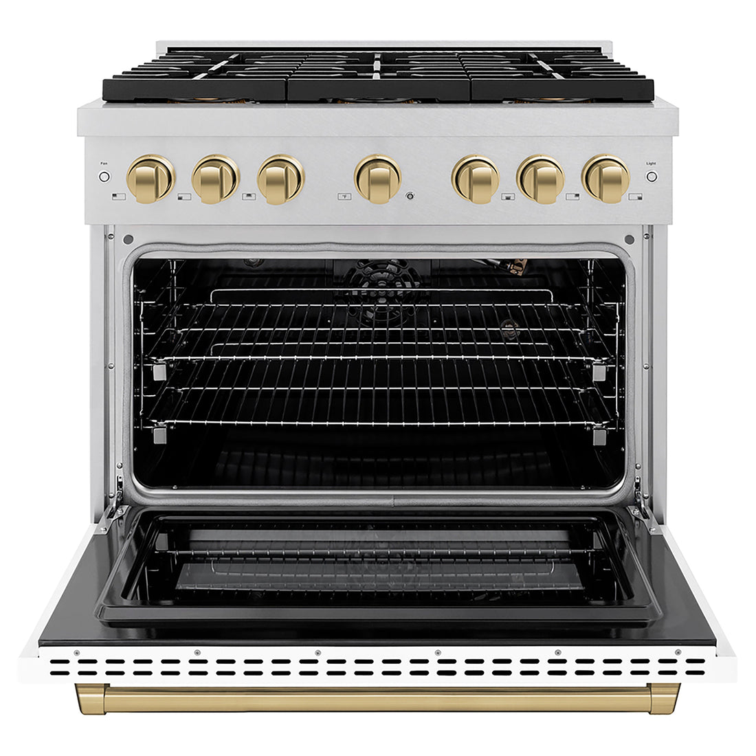 ZLINE 36 in. Gas Range 5.2 cu. ft. 6 Burner DuoPro™ Cooktop Convection Gas Oven Satin Stainless Steel White Matte Door Champagne Bronze Accents (PSGRSZ-WM-36-CB)