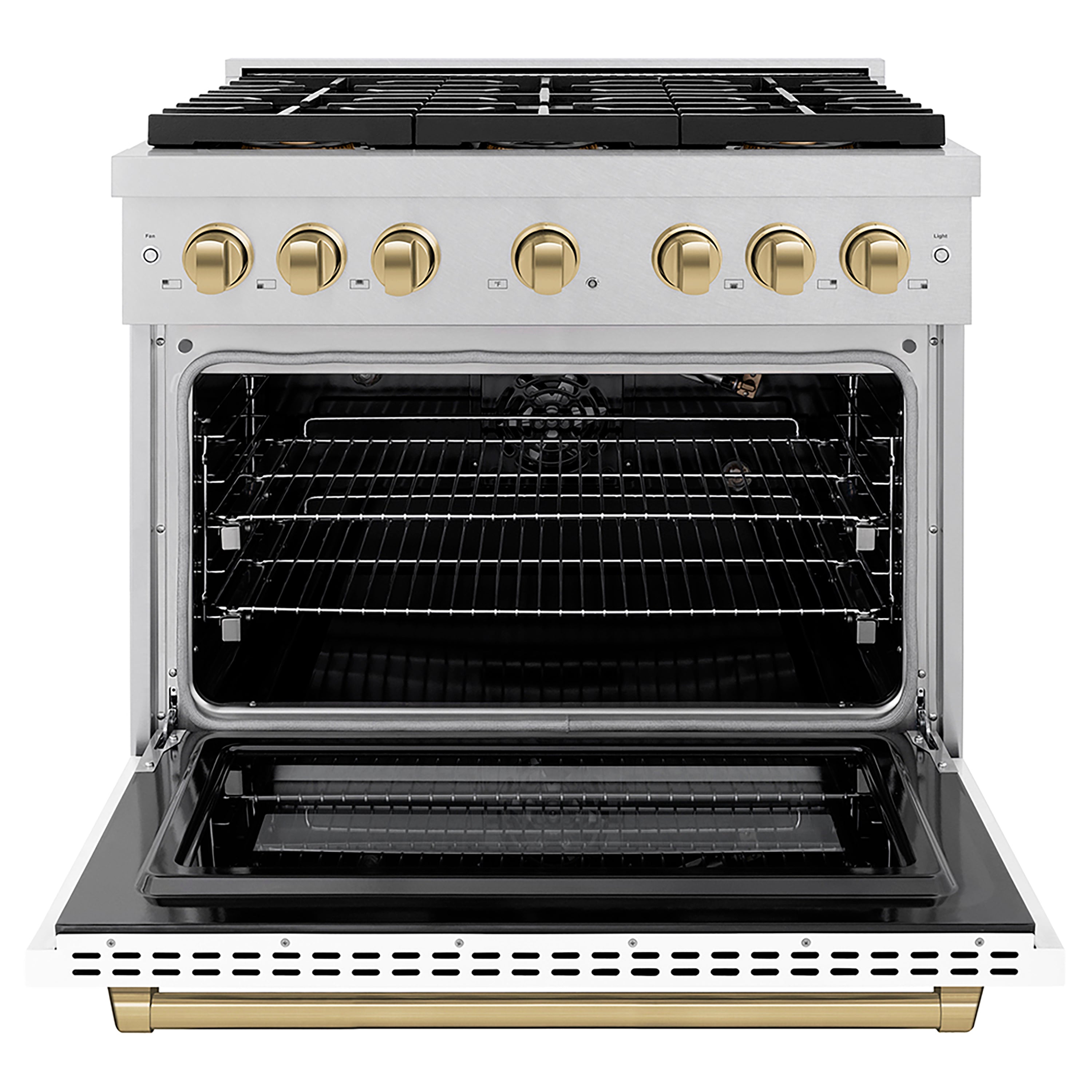 ZLINE 36 in. Gas Range 5.2 cu. ft. 6 Burner DuoPro™ Cooktop Convection Gas Oven Satin Stainless Steel White Matte Door Champagne Bronze Accents (PSGRSZ-WM-36-CB)