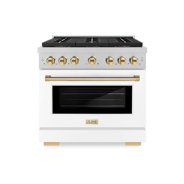 ZLINE 36 in. Gas Range 5.2 cu. ft. 6 Burner DuoPro™ Cooktop Convection Oven Satin Stainless Steel White Matte Door Polished Gold Accents (PSGRSZ-WM-36-G)