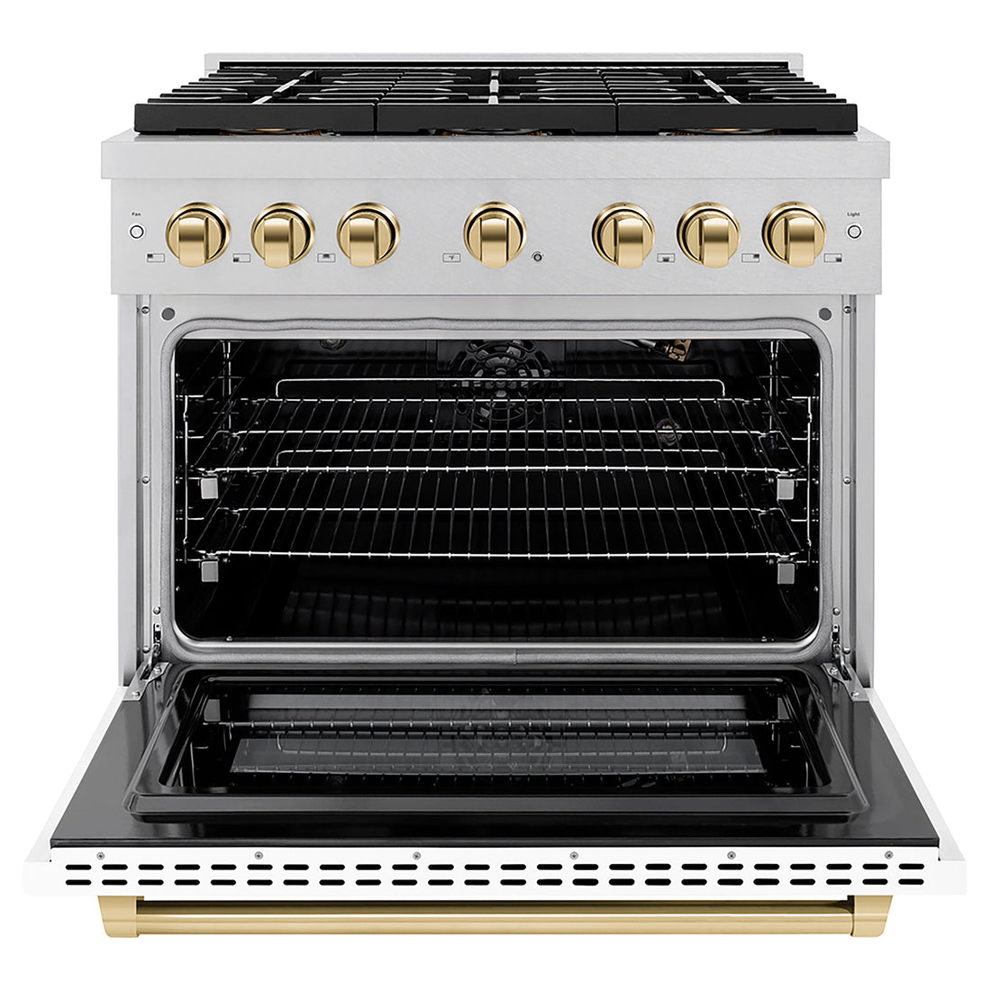 ZLINE 36 in. Gas Range 5.2 cu. ft. 6 Burner DuoPro™ Cooktop Convection Oven Satin Stainless Steel White Matte Door Polished Gold Accents (PSGRSZ-WM-36-G)