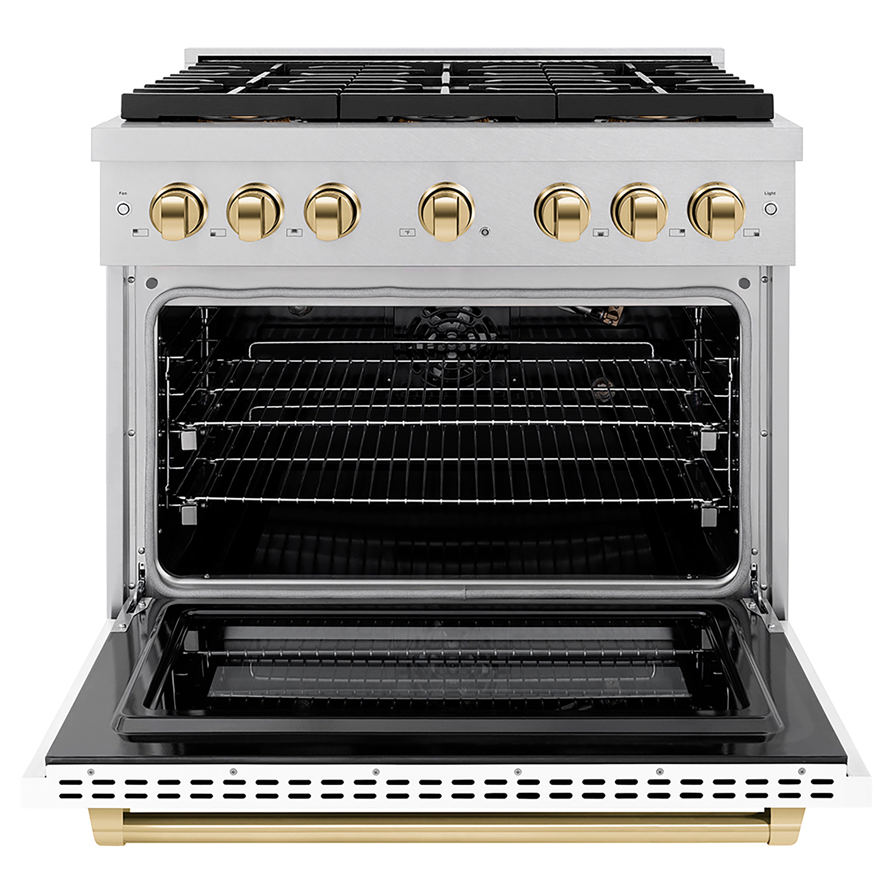 ZLINE 36 in. Gas Range 5.2 cu. ft. 6 Burner DuoPro™ Cooktop Convection Oven Satin Stainless Steel White Matte Door Polished Gold Accents (PSGRSZ-WM-36-G)