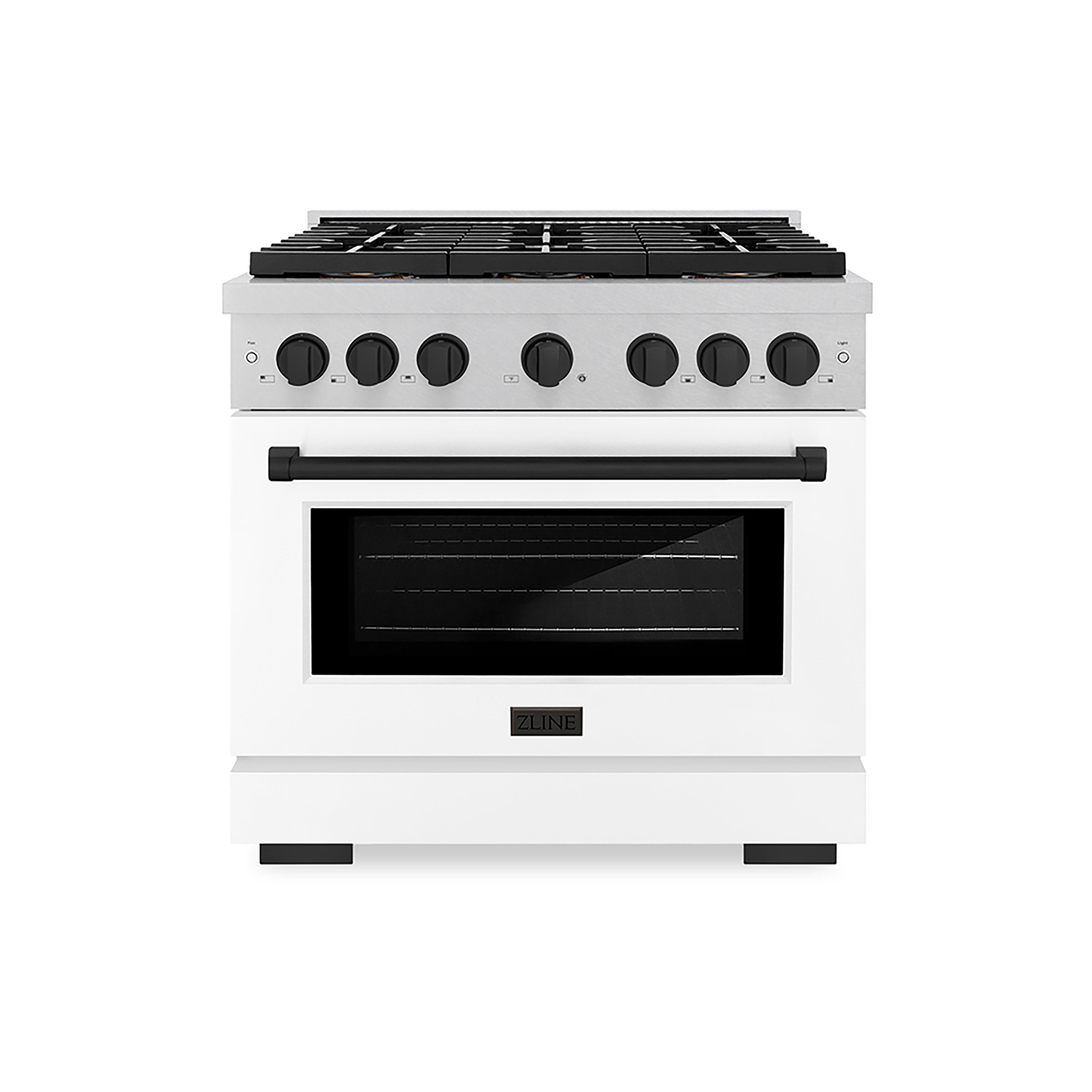 ZLINE 36 in. Gas Range 5.2 cu. ft. 6 Burner DuoPro™ Cooktop Convection Gas Oven Satin Stainless Steel White Matte Door Matte Black Accents (PSGRSZ-WM-36-MB)