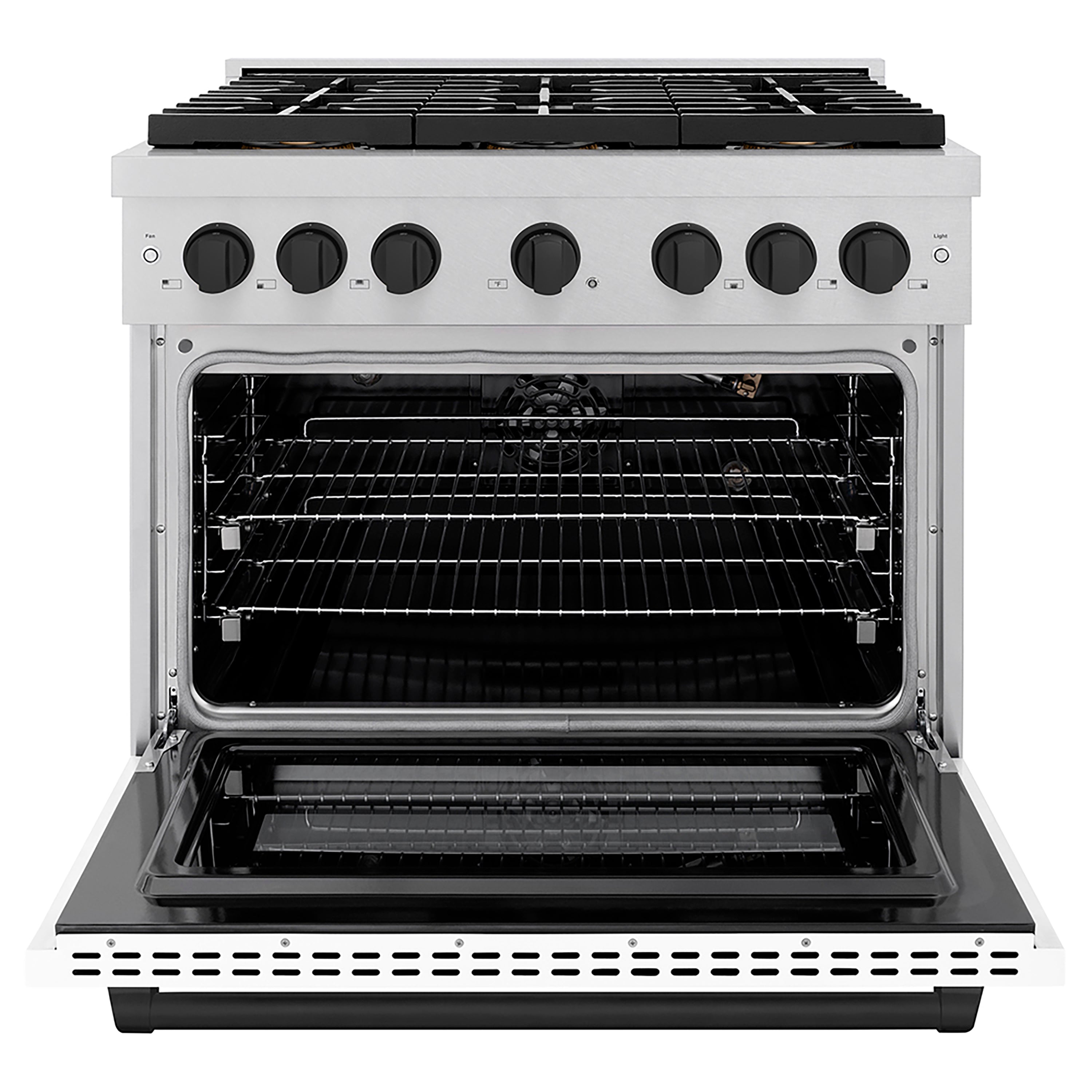 ZLINE 36 in. Gas Range 5.2 cu. ft. 6 Burner DuoPro™ Cooktop Convection Gas Oven Satin Stainless Steel White Matte Door Matte Black Accents (PSGRSZ-WM-36-MB)