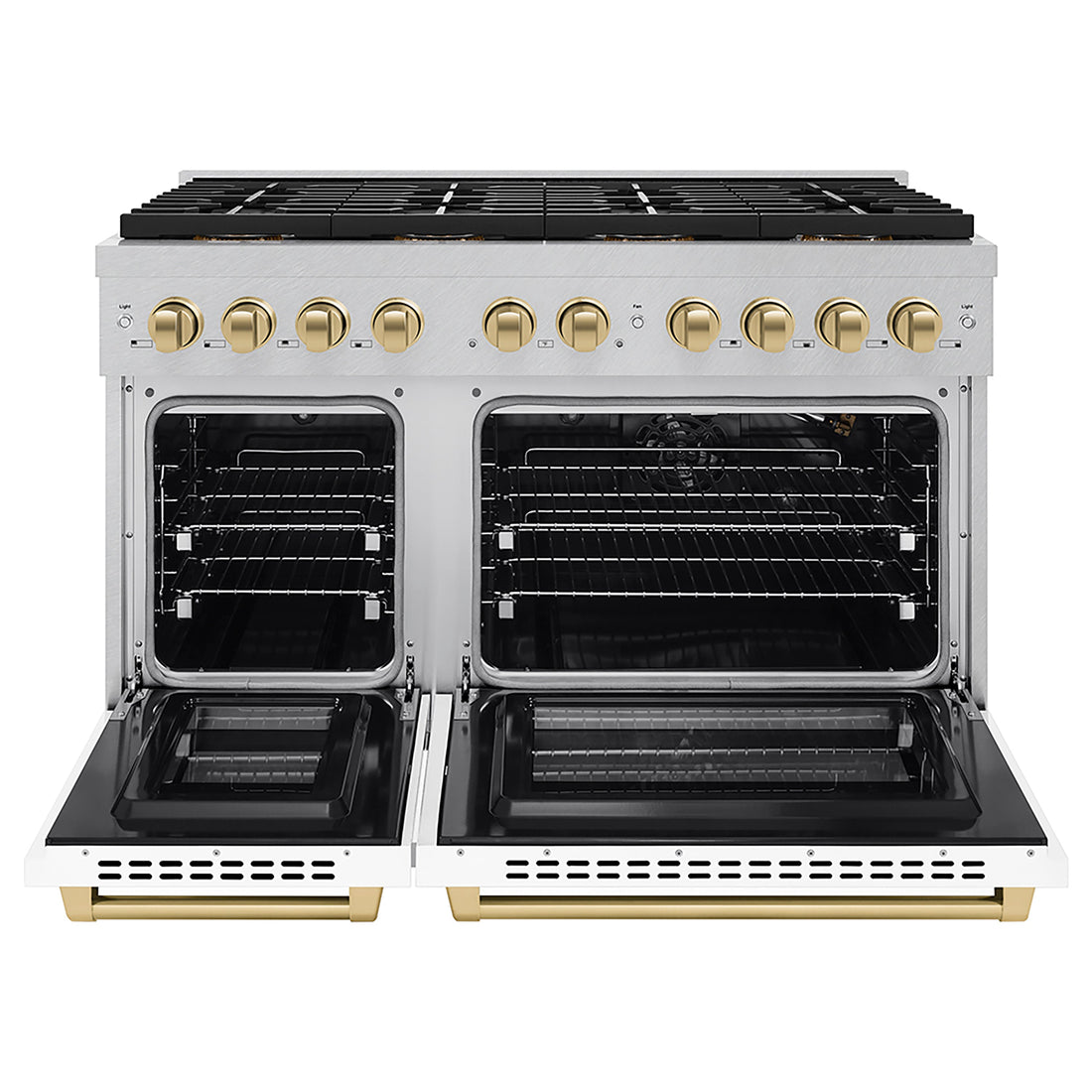 ZLINE 48 in. Gas Range 6.7 cu. ft. Paramount Series 8 Burner DuoPro™ Cooktop Dual Oven Satin Stainless Steel with White Matte Doors Champagne Bronze Accents (PSGRSZ-WM-48-CB)