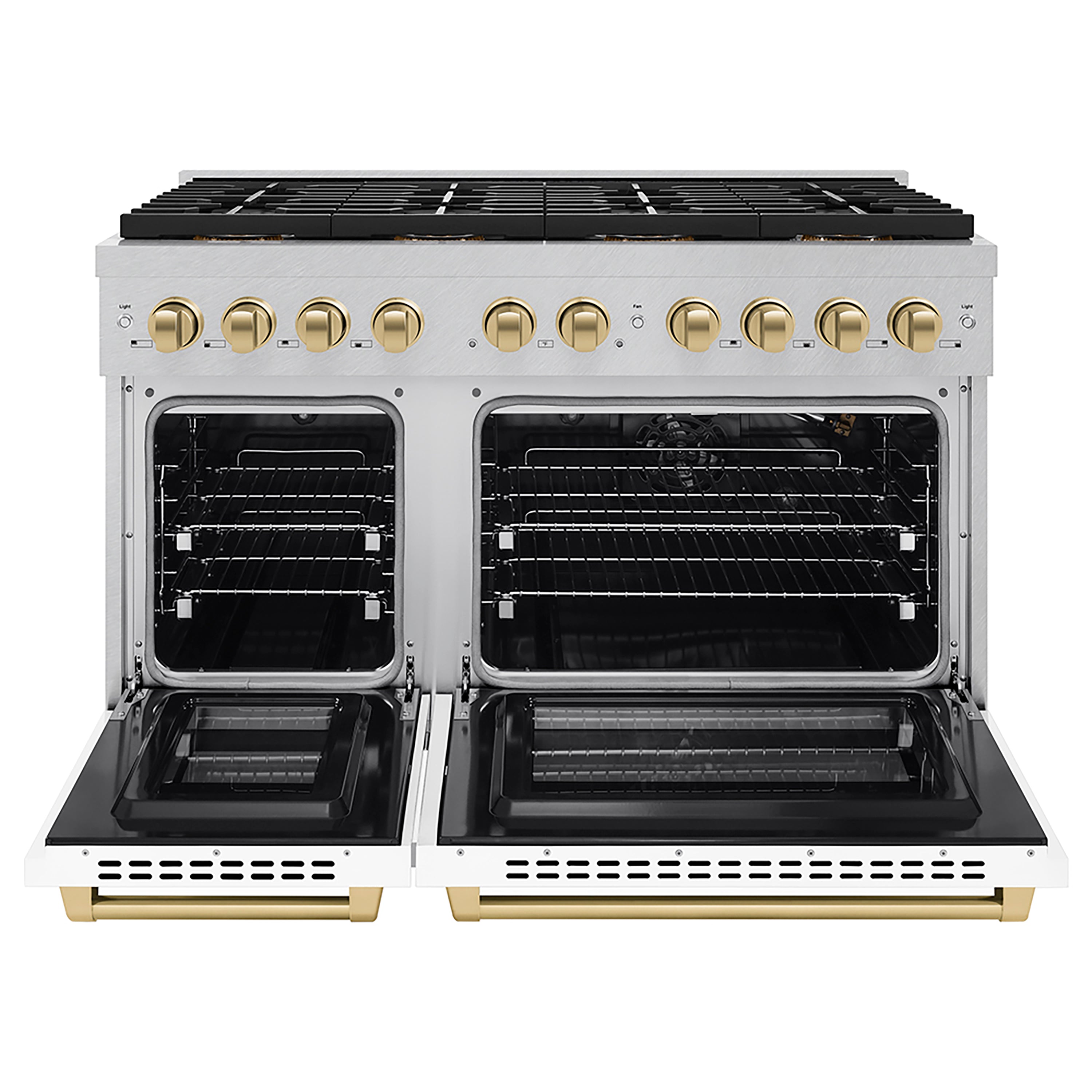 ZLINE 48 in. Gas Range 6.7 cu. ft. Paramount Series 8 Burner DuoPro™ Cooktop Dual Oven Satin Stainless Steel with White Matte Doors Champagne Bronze Accents (PSGRSZ-WM-48-CB)