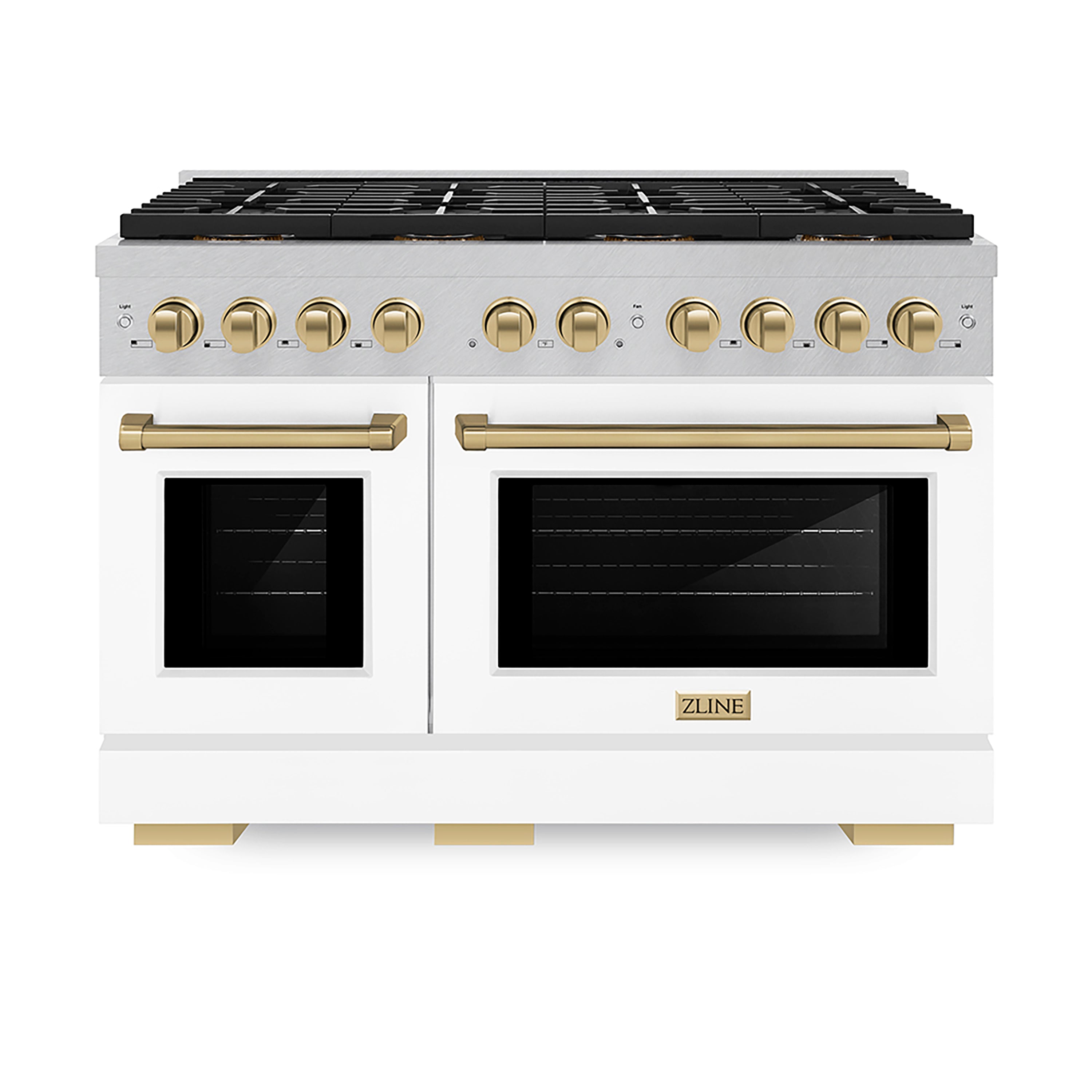 ZLINE 48 in. Gas Range 6.7 cu. ft. Paramount Series 8 Burner DuoPro™ Cooktop Dual Oven Satin Stainless Steel with White Matte Doors Champagne Bronze Accents (PSGRSZ-WM-48-CB)