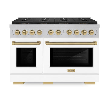 ZLINE 48 in. Gas Range 6.7 cu. ft. Paramount Series 8 Burner DuoPro™ Cooktop Dual Oven Satin Stainless Steel with White Matte Doors Champagne Bronze Accents (PSGRSZ-WM-48-CB)