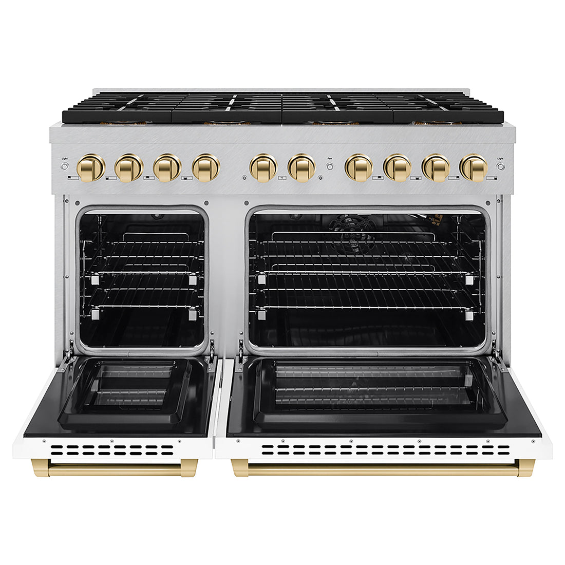 ZLINE 48 in. Gas Range 6.7 cu. ft. 8 Burner DuoPro™ Cooktop Dual Ovens Satin Stainless Steel with White Matte Doors and Polished Gold Accents (PSGRSZ-WM-48-G)