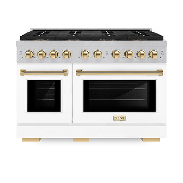ZLINE 48 in. Gas Range 6.7 cu. ft. 8 Burner DuoPro™ Cooktop Dual Ovens Satin Stainless Steel with White Matte Doors and Polished Gold Accents (PSGRSZ-WM-48-G)