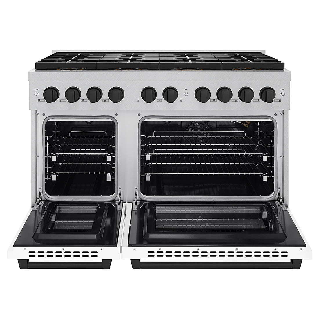 ZLINE 48 in. Gas Range 6.7 cu. ft. 8 Burner DuoPro™ Cooktop Dual Ovens Satin Stainless Steel White Matte Doors Matte Black Accents (PSGRSZ-WM-48-MB)