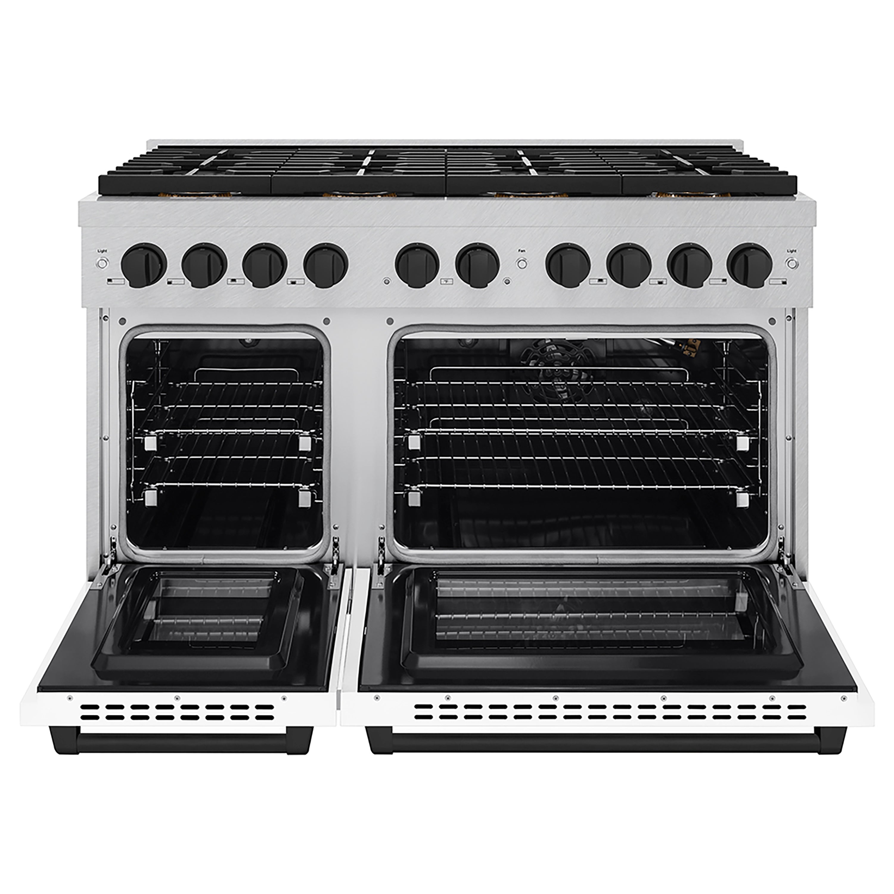 ZLINE 48 in. Gas Range 6.7 cu. ft. 8 Burner DuoPro™ Cooktop Dual Ovens Satin Stainless Steel White Matte Doors Matte Black Accents (PSGRSZ-WM-48-MB)