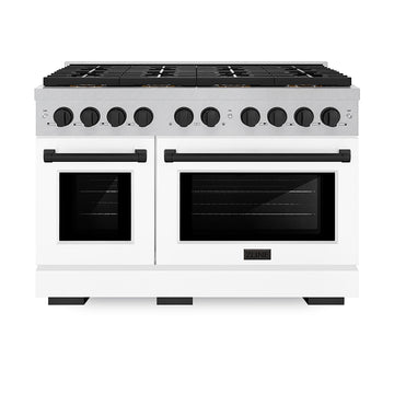 ZLINE 48 in. Gas Range 6.7 cu. ft. 8 Burner DuoPro™ Cooktop Dual Ovens Satin Stainless Steel White Matte Doors Matte Black Accents (PSGRSZ-WM-48-MB)