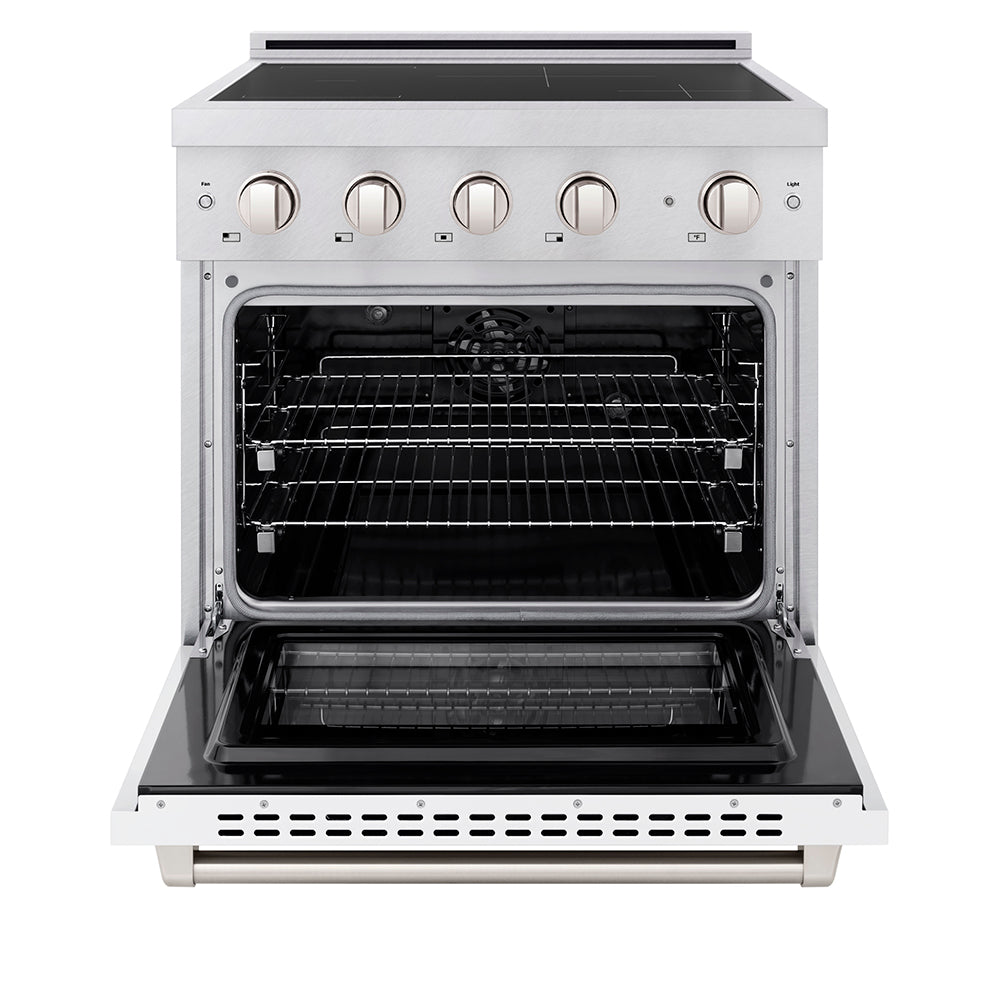 ZLINE 30 in. Induction Range 4.2 cu. ft. 4 Element Cooktop Electric Convection Oven Satin Stainless Steel White Matte Door (SINRS-WM-30)