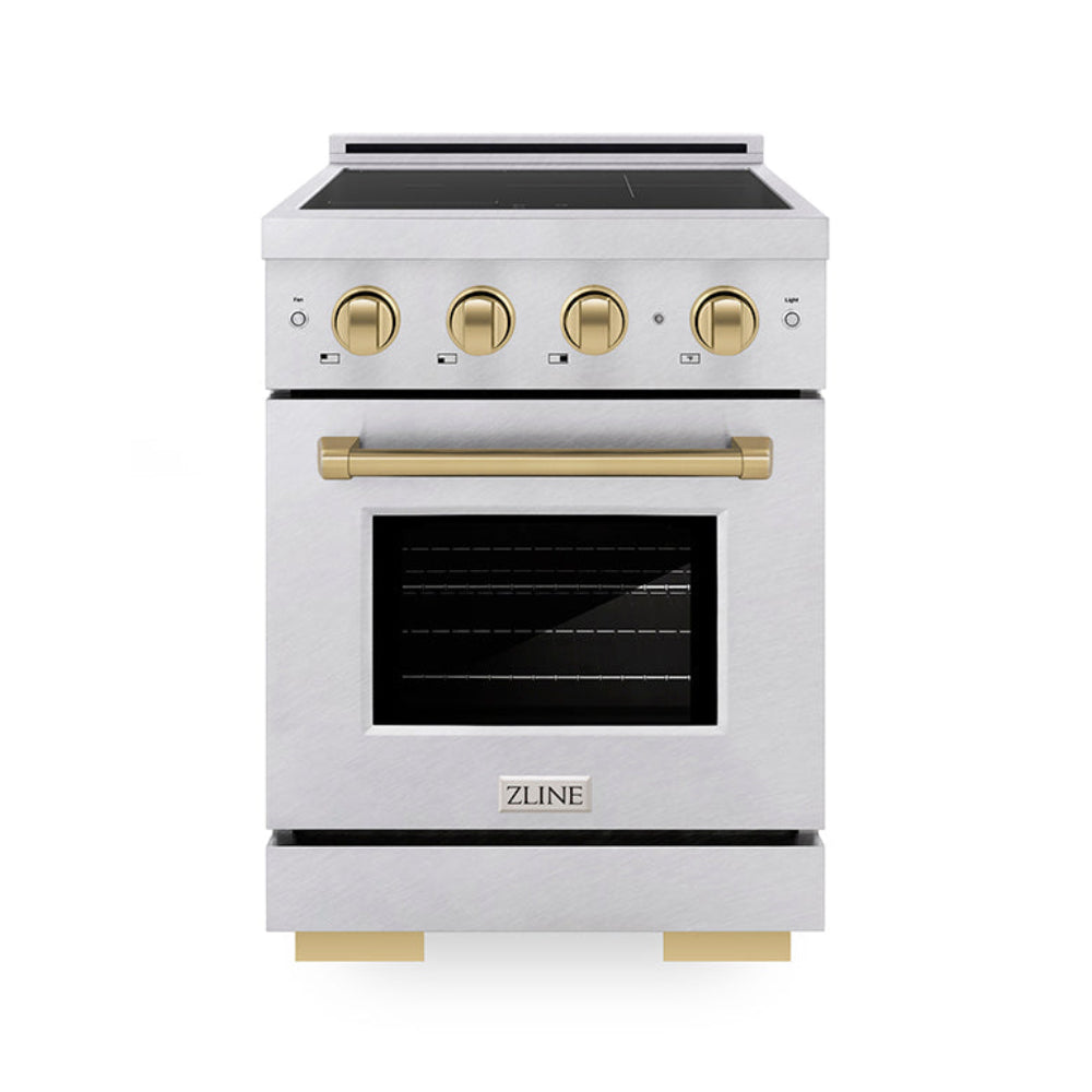ZLINE 24 in. Induction Range 3.2 cu. ft. Paramount Series 3 Element Cooktop Electric Convection Oven Satin Stainless Steel Champagne Bronze Accents (SINRSZ-24-CB)