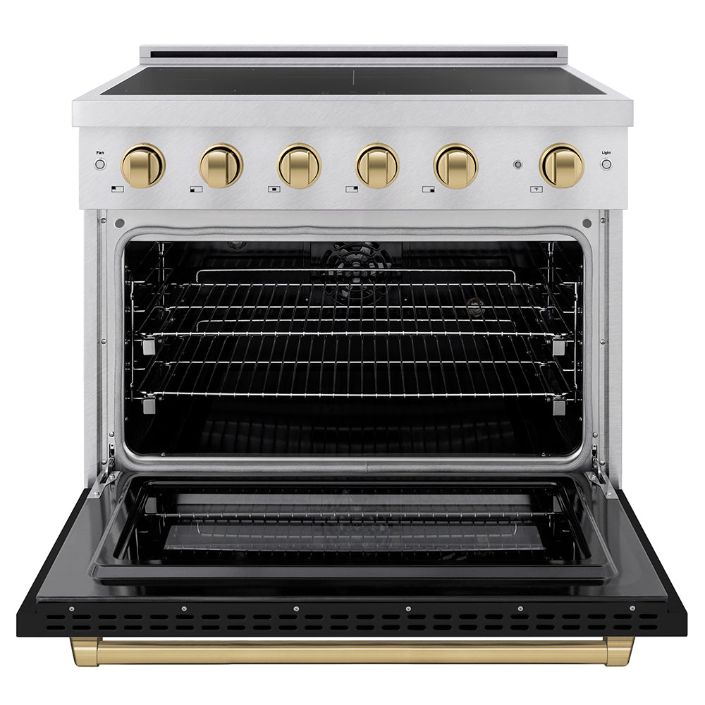 ZLINE 36 in. Induction Range 5.2 cu. ft. 5 Element Cooktop Electric Convection Oven Satin Stainless Steel Black Matte Door Champagne Bronze Accents (SINRSZ-BLM36-CB)