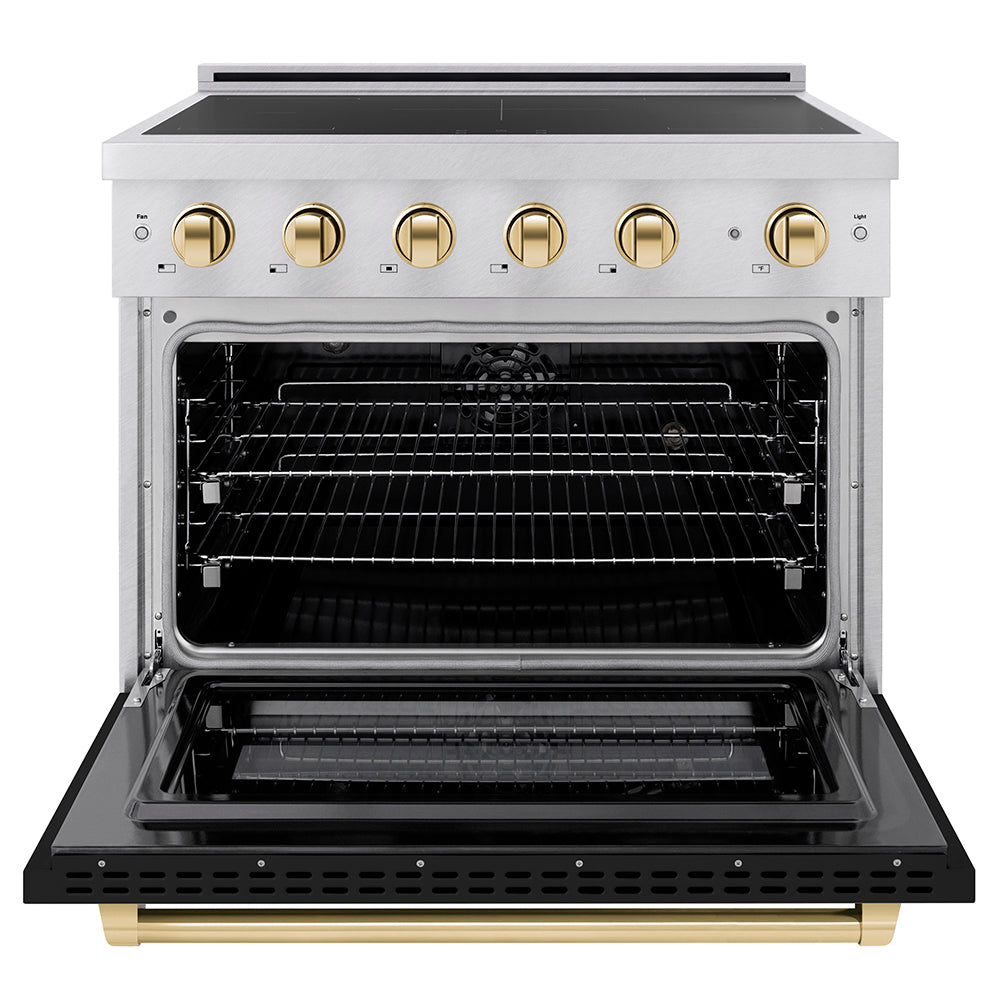 ZLINE 36 in. Induction Range 5.2 cu. ft. 5 Element Cooktop Electric Convection Oven Satin Stainless Steel Black Matte Door Polished Gold Accents (SINRSZ-BLM36-G)