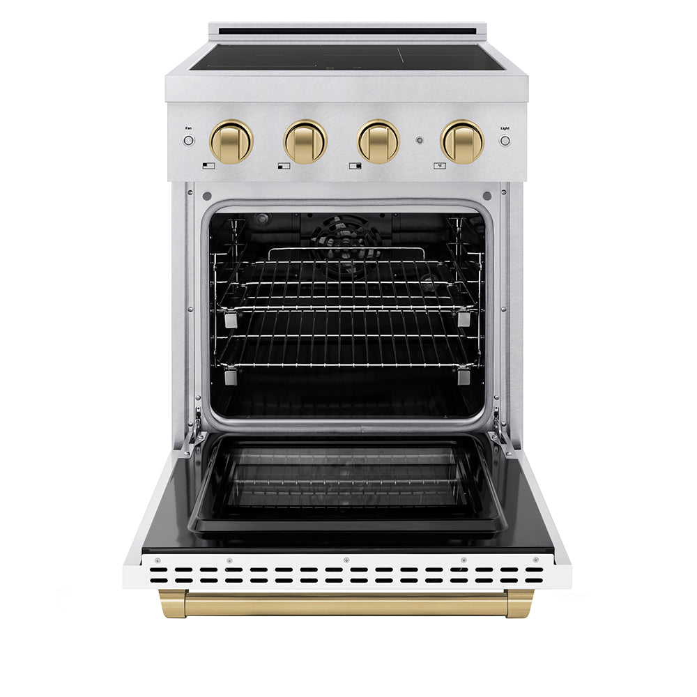 ZLINE 24 in Induction Range 3.2 cu. ft. Electric Convection Oven 3 Element Cooktop Satin Stainless Steel White Matte Door Champagne Bronze Accents (SINRSZ-WM-24-CB)